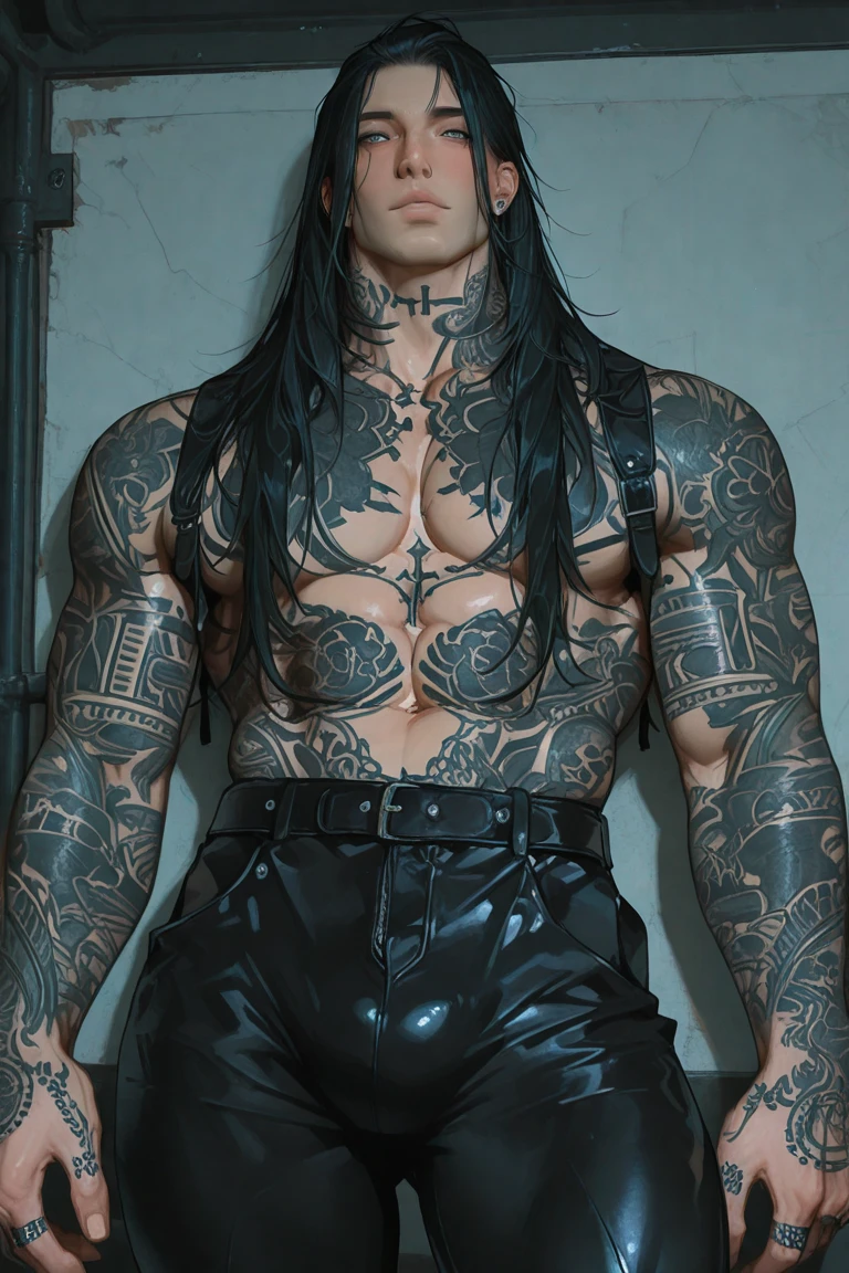 a close up of a man with a long black hair and tattoos, muscular! cyberpunk, johnny silverhand, detailed long black hair, tattooed man, strong and imposing, arnold maya render, muscular body tattooed, fantasy male portrait, dark fantasy mixed with realism, shirtless :: high detail, strong masculine features, artstation mans aesthetic, muscular character, seductive cyberpunk dark fantasy