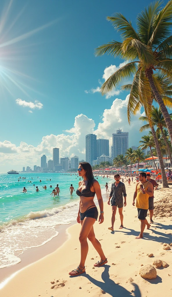 A couple is walking together on the street during the day, on the streets of Miami Beach, tourists in the background, palm trees in the background, with palm trees in the background, huge ships in the background, on the sidewalk, walking, on a street, on the street, trees in the background , in front of the house, on the sidewalk, with a park in the background. They are enjoying a sunny day at the beach. The woman, wearing a low-cut white tank top. She has dark hair and is smiling slightly. In the background, you can see the sea and more people enjoying their time on the beach. The overall atmosphere is relaxed and peaceful, typical of a day at the beach in Miami. . Full body photo, clear photo, high resolution, high quality, masterpiece, 16K. Brazilian woman with tanned white skin and medium length dark hair, in her 40s, thick legs, beautiful legs, visible legs, elegant legs, full legs, shapely legs, full body image. She is 162 cm tall and her body weighs 56 kg. Her body exudes glamor and her face is a definition of beauty. Slender body, thin waist. Highly realistic, beautiful pink lips, shapely lips, wearing pink lipstick, perfect face, her face is the definition of beauty, feeling of lightness and joy, hyperrealism, very elaborate skin, direct look, hyperrealism, high quality photo. Full Body Photo, Sharp Photo, High Resolution, High Quality, Masterpiece, 16KSharp Photo, High Quality, High Resolution (Ultra Quality Masterpiece), Ultra HD, High Contrast, 16K. Masterpiece: 1.3, high resolution, (photographically realistic), 8k, , , NFSW