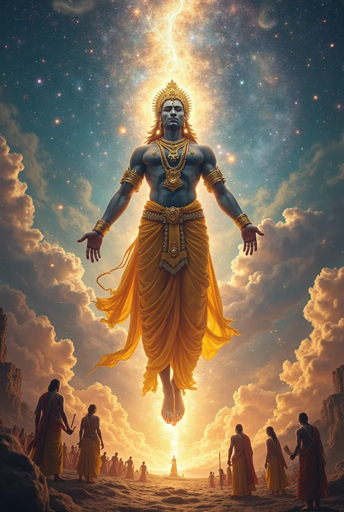 Lord krishna  long figure standing tall , background and crowd sitthing with folded hands mystic atmospheric,  hyper realistic,  art hindu mythology,  cloudy ,golden light , radiant light clamness on face
