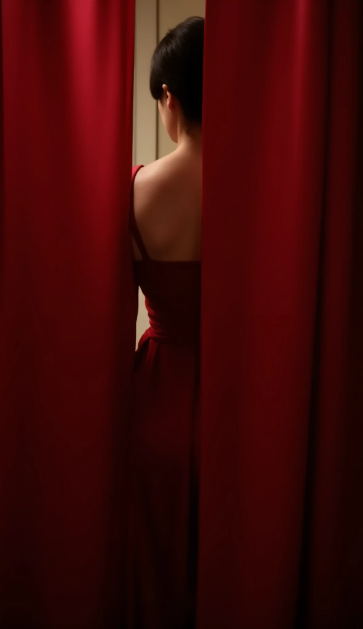 behind the red curtain, the elegant posture of a woman is vaguely revealed,Light and shadow are projected onto the curtain,Hazy and beautiful,Oriental classical atmosphere,Silhouette effect,in a room with dim and soft light in the background,Full of mystery。