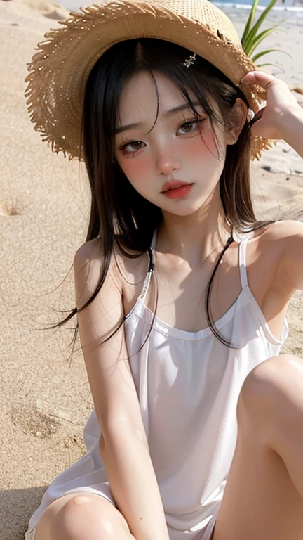 parfect anatomy、top-quality、masuter piece、ultra-detailliert、8k、独奏、15yo student、1 girl in、Brown-eyed、Braids、V-neck T-shirt、Natural look、Beautiful collarbone、Cute look、Blue Sea、blue open sky、sand beach、(((The background is blurry and you can't see anything:1.3)))