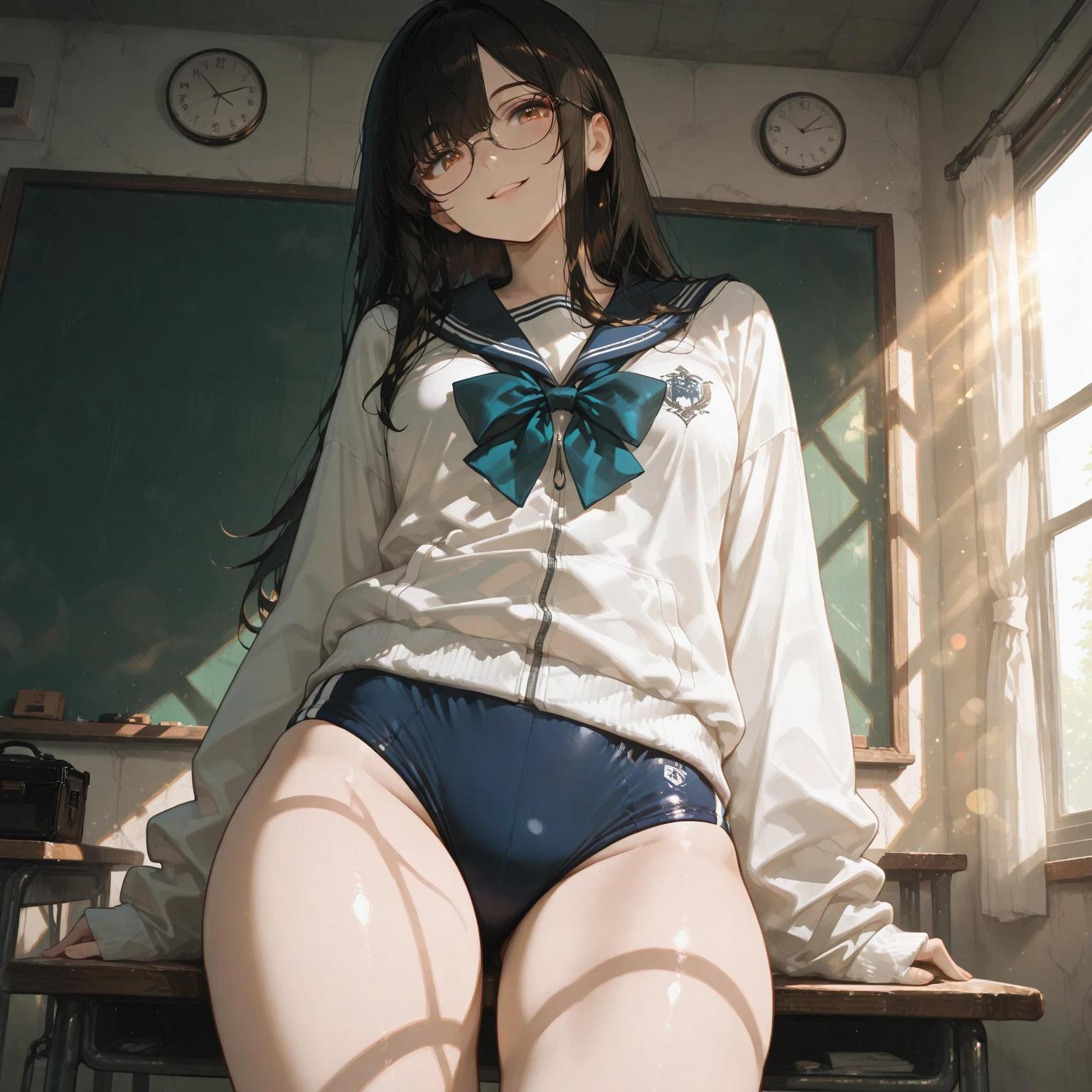 NSFW, (Official art、Best Quality、Unity 8k Wallpapers、32K、masterpiece、ultra-detailliert、super high resolution、realisitic、Photorealsitic:1.2)、(natural soft light:1.2)、Fireglow effect、film grains、Best Shadows、side lights、sideshot、(Ultra-detailed and complex 3D rendering)、Detailed beautiful face and eyes、Sharp pupils、Realistic pupiliddlebreasts、Smile、sitting on desk, on desk, Sit on a desk, Sitting on a desk,bent at the knees、Opening legs、open one's legs、A sexy、Ultra-slim thong bikini swimsuit, In the office, glasses, embarrassed from, cleavage of the breast、A sexy、
