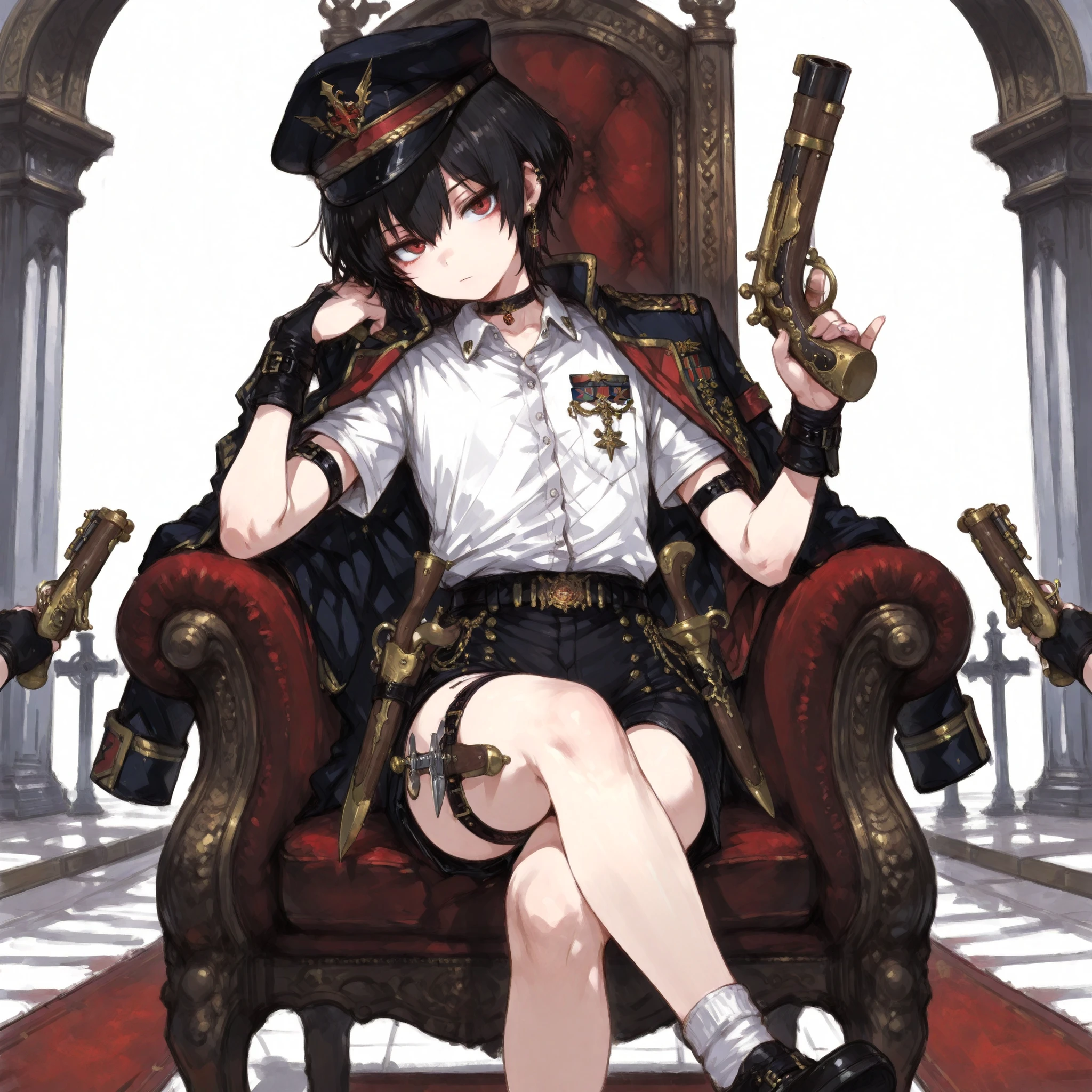 ((Best Quality)), ((masterpieces)), (detailed), Perfect Face, SOLO, ((femboy)), tomgirl, ANIME, beautiful detailed eyes, BOB hair, BOBed hair, black hair, RED EYES, BARE thighs, (((BARE LEG))), ((BLACK short pants)), (((dress shirt))), ((Flat chest)), Choker, (knife thigh strap), (General's Uniform), uniform hat, ((general uniform top)), arm straps, ((black general's uniform top draped over the shoulders)), expressionless, tight short black shorts, ((Holding Flintlock Pistols)), earring, Royal palace, GREAT HALL, red throne, cross legs, Black shoes and white socks, (buckle), ((Tuck in the shirt)), ((uniform outerwear)), short sleeves, wrist guard, Flintlock Pistols