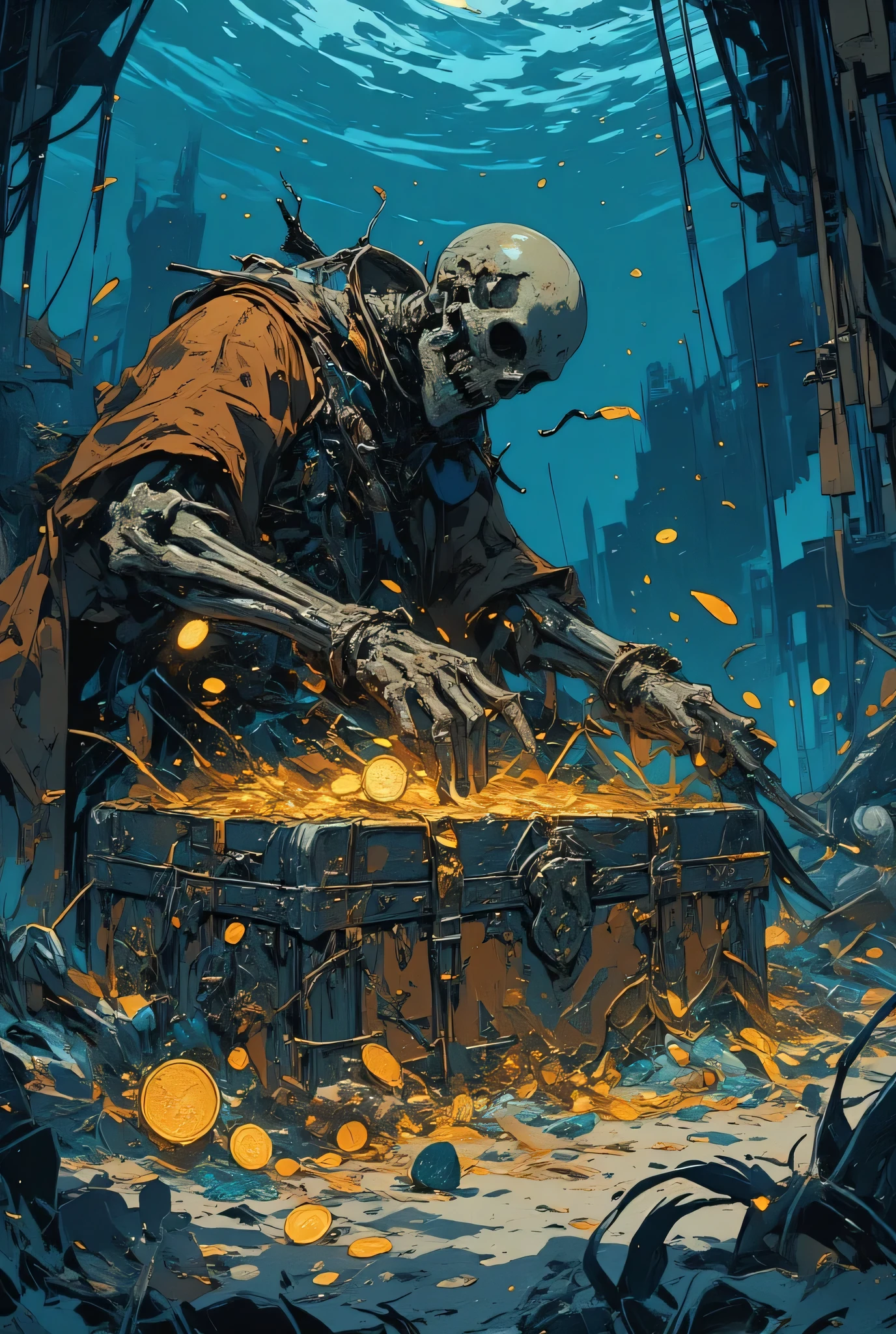 Masterpiece, highest quality, super detailed, super high resolution, the bottom of the deep sea of the Atlantic Ocean, the dim seabed, there is an ancient decorated treasure chest, many gold coins, golden treasures and diamonds are scattered around the treasure chest, (the lid of the treasure chest is closed), a pirate who is only a skeleton is leaning over the treasure chest, his hands are trying to grab the gold coins and treasures around it, the resentment of the bones is floating like a vengeful spirit,