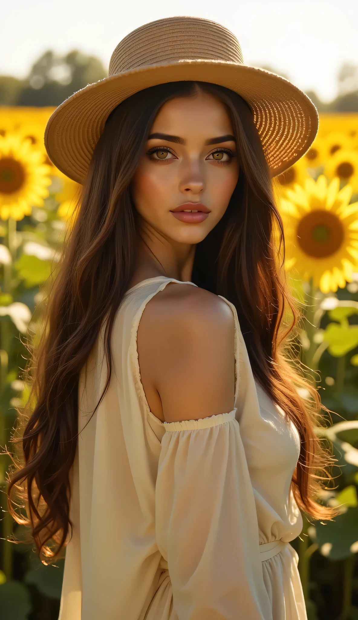 one female, ((Highest quality)), ((masterpiece)), (detailed), ((very detailed face)), High resolution photograph, full body portrait, slim face, pretty woman, (dark brown long hair), brown eyes, detail eyes, double eyelids, (Beautiful Delicate Eyes and Lips), Under the midday sun, bright sunlight, (wearing a white lace dress), relaxed dress, (Wearing a women's wide brim straw sun hat), In the sunflower field, standing in a dynamic pose, Bright light, (Her long hair is fluttering in the wind),