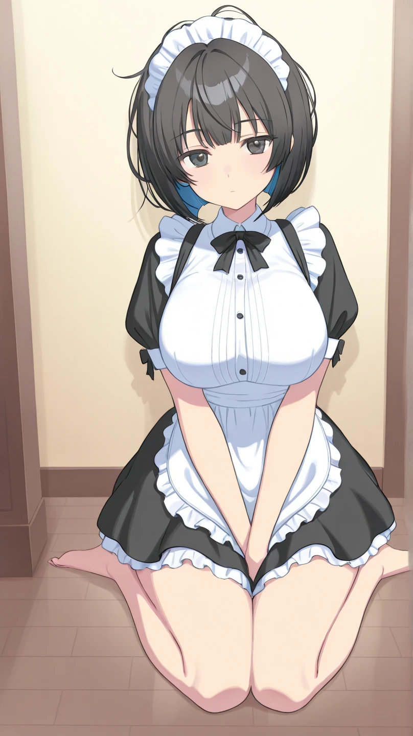 (((Pixel Perfect, Perfect in every detail,nsfw,,clothes lift,large breasts,light smile,dpubic hair,1 girl,black thigh-high socks))), alone, One girl, ((Ruka Sarashina)), Blue Ribbon, big , (Apron Maid), View your viewers, In the room, sitting,spread legs