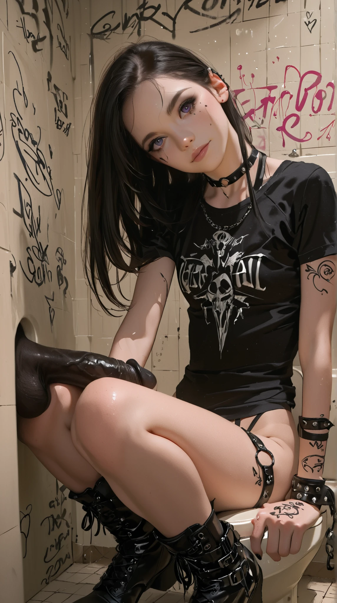 a sexy punk girl with a shaved vulva, nipple piercings, and a visible anus, wearing a mini-skirt, 1girl, detailed face, beautiful detailed eyes, beautiful detailed lips, extremely detailed eyes and face, long eyelashes, shaved vulva, nipple piercings, visible anus, mini skirt, punk style, fishnets, tattoos, dark makeup, dark clothing, grungy, moody lighting, dark shadows, dramatic contrast, photorealistic, 8k, ultra-detailed, hyper-realistic, masterpiece