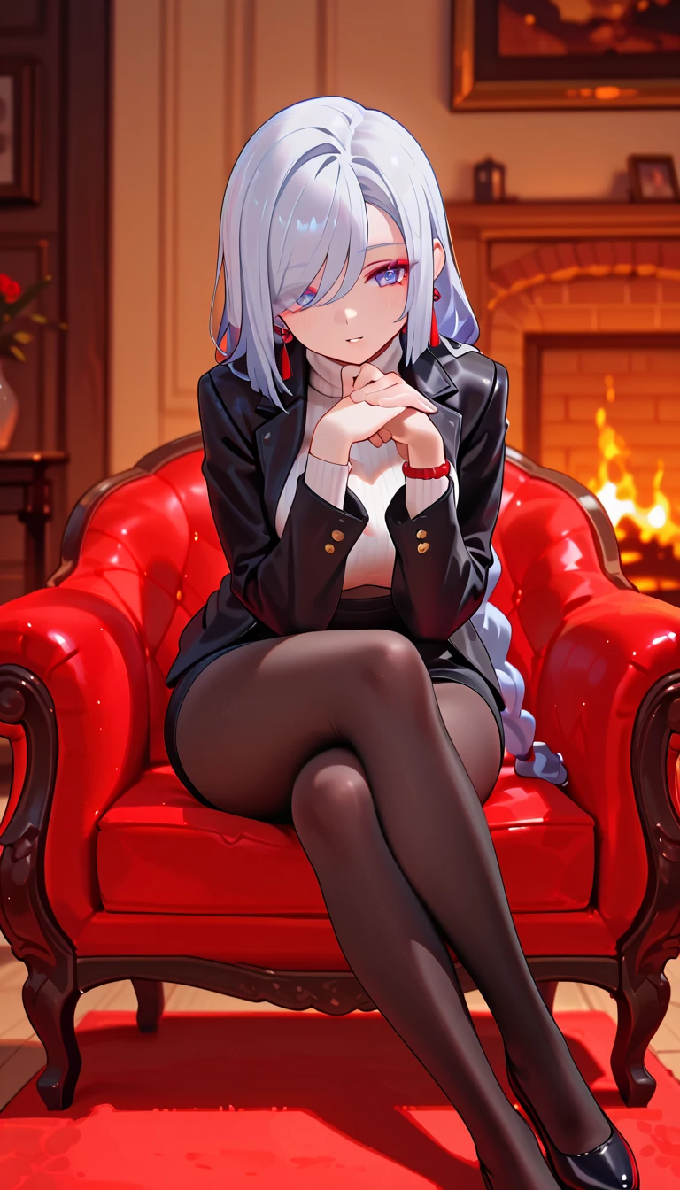 perfect lighting,HDR, ultra resolution , very detailed, masterpiece, ultra quality, 4K HD,noelle silva, bedroom at night,silver heels,white shirt, black jacket,black skirt,red tie, smile , looking at window and drinking wine,close to large window,luxury bedroom,one leg up,drunk,blush,sitting on bed close to window,drinking wine from bottle , bottle in mouth, sweats,sweating,hot