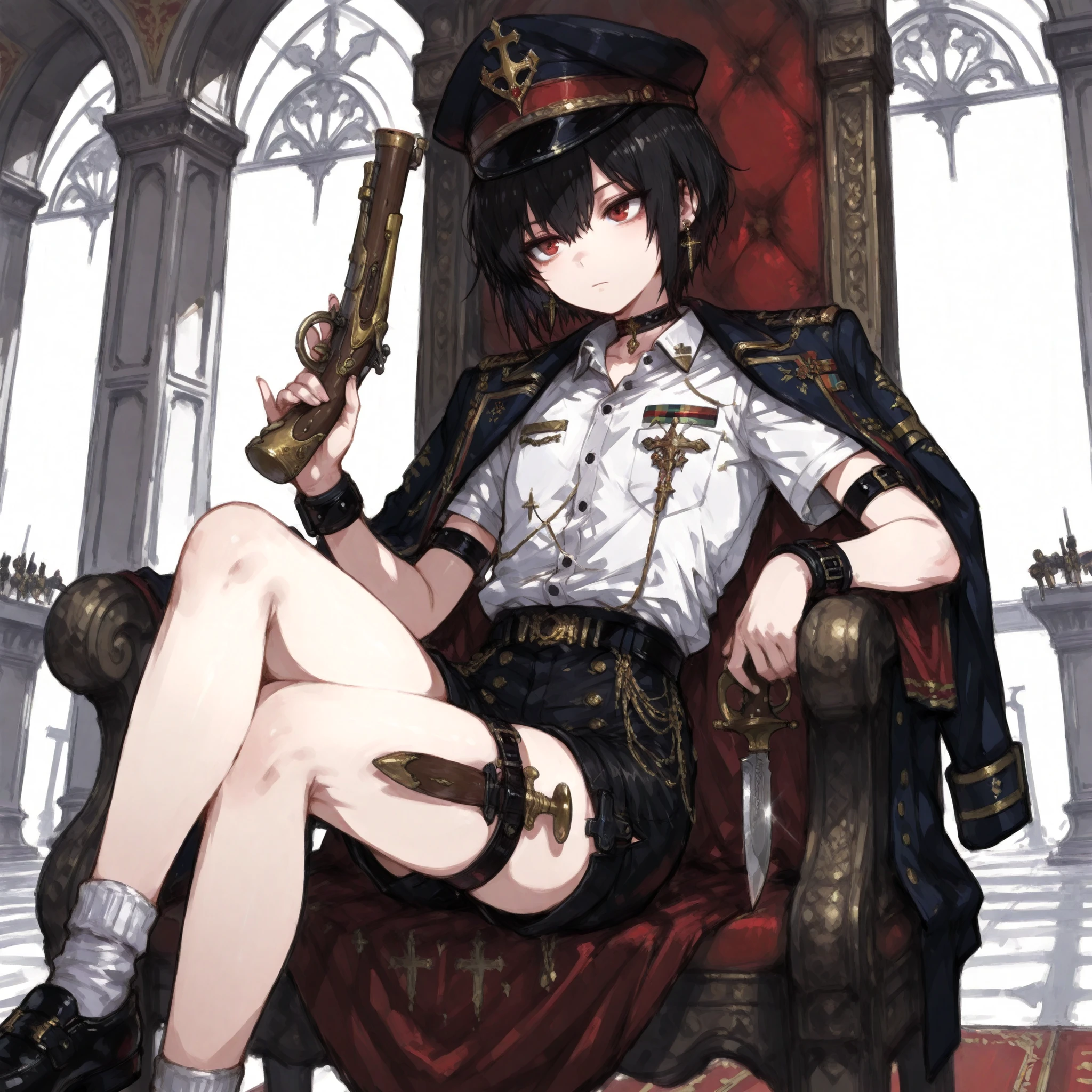 ((Best Quality)), ((masterpieces)), (detailed), Perfect Face, SOLO, ((femboy)), tomgirl, ANIME, beautiful detailed eyes, BOB hair, BOBed hair, black hair, RED EYES, BARE thighs, (((BARE LEG))), ((BLACK short pants)), (((dress shirt))), ((Flat chest)), Choker, (knife thigh strap), (General's Uniform), uniform hat, ((general uniform top)), arm straps, ((black general's uniform top draped over the shoulders)), expressionless, tight short black shorts, ((Holding Flintlock Pistols)), earring, Royal palace, GREAT HALL, red throne, cross legs, Black shoes and white socks, (buckle), ((Tuck in the shirt)), ((uniform outerwear)), short sleeves, wrist guard,