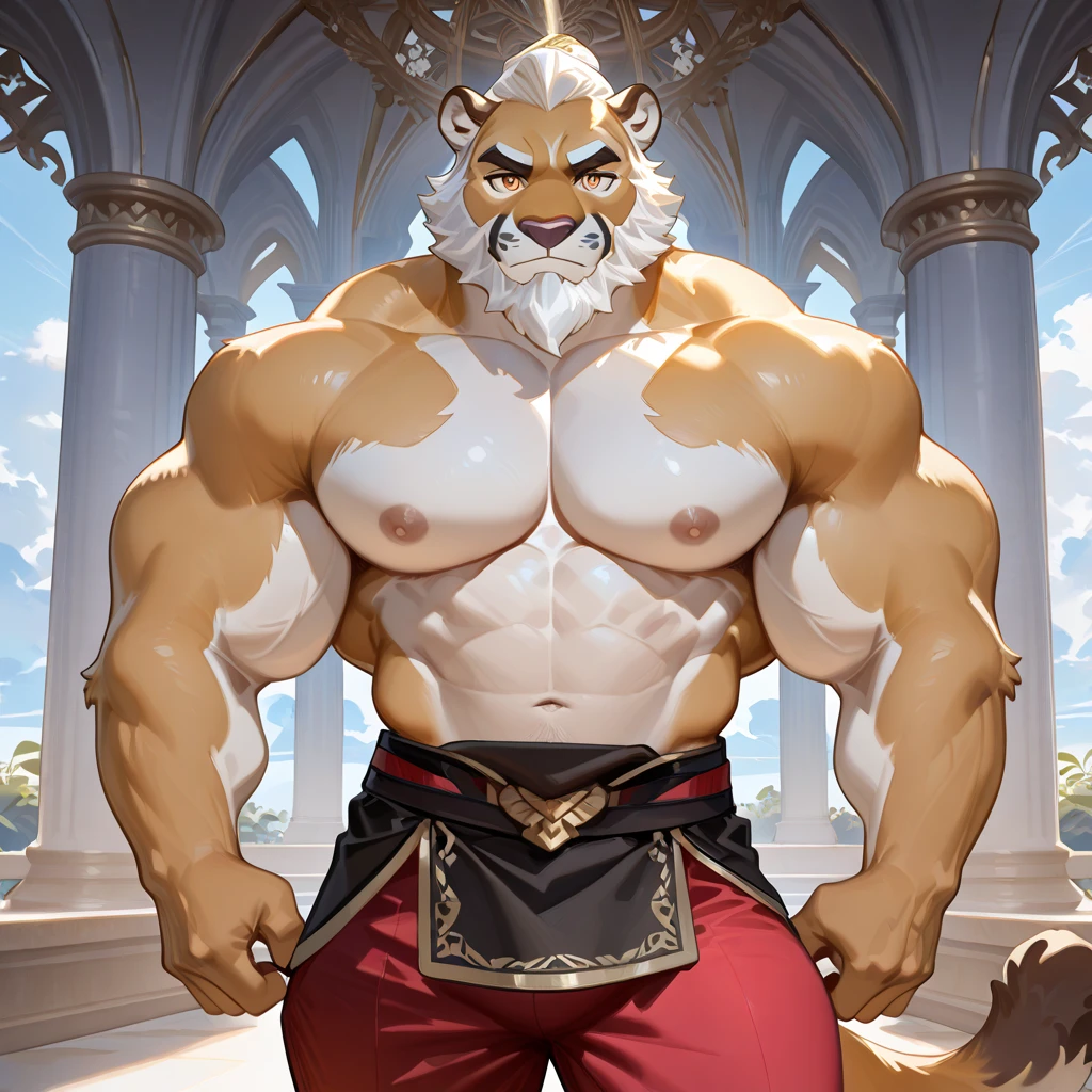 lindong, lucusold, lanxus, a man with a huge muscle, furry ((white lion)) wearing karate uniform, dojo, ((huge muscular:1.2, wide pectoral, thick arms, sixpack)), smile, thicc, lowres, giant and muscular, danbooru and artstation, heavy detailed, insanely inflated hips, proportionally arms, commission for high res, detailed but rough, semirealistic:1.3