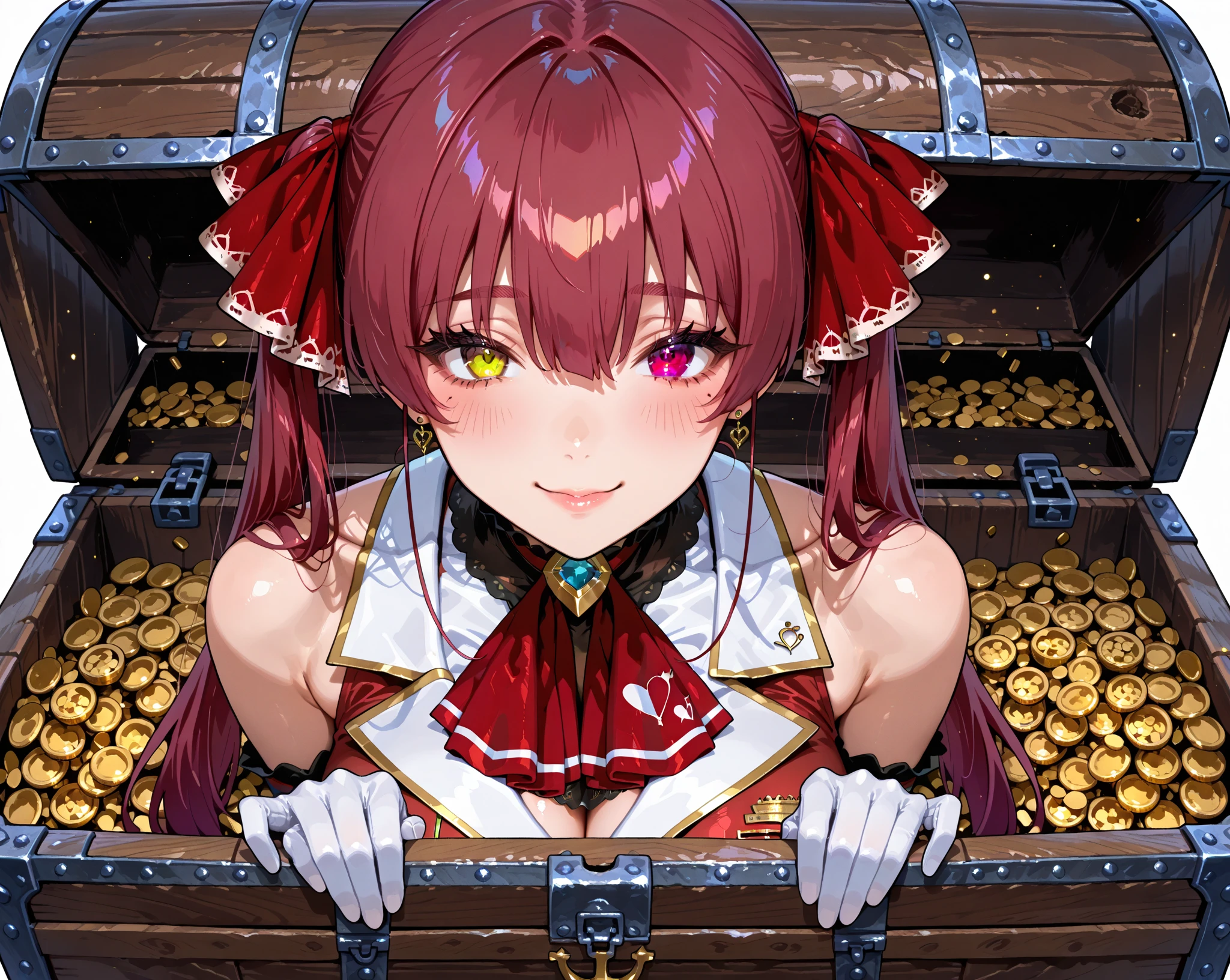 (SecretBox:1),girl happily coming out of a treasure chest, blonde, big breast, cute, smile, cleavage, curvy, shiny, beach, island, sea, coins, gold, (from above:1), wide shot,
(masterpiece:1.2), (best quality, highest quality), (ultra detailed), (8k, 4k, intricate), (50mm),
<lora:OpenChest_Concept:0.75> <lora:HoushouMarineV2LORA:0.7> Houshou Marine, houshouBase, heterochromia, red eyes, yellow eyes, twintails, long hair, hair ribbon, large breasts, white gloves, frilled choker, red ascot, leotard, leotard under clothes, red jacket, cropped jacket, sleeveless jacket, black coat, off shoulder, bicorne, red skirt, miniskirt, leather belt, black thighhighs