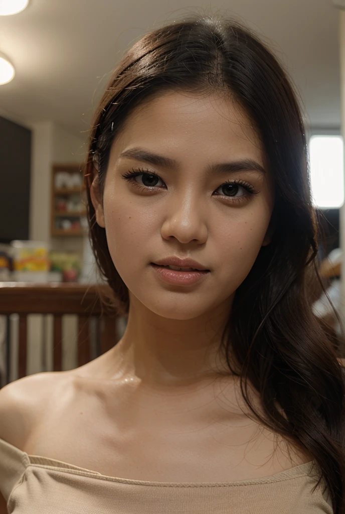 ultra photorealistic, beautiful Thai student (topless:1.4), (15 years old:1.4), beautiful face and body, slim body, slim oval face, nice smile, (she has perfect 34C breasts:1.4), standing in a fancy nightclub, (perfect breasts:1.4), (perfectly shaped breasts:1.4), she is proudly displaying her body, straight black hair, wearing small gold hoop earrings, light hazel eyes with luscious mascara and long eyelashes, sexy student, raw photo, Looking at the Camera, Facing the camera, full body image, wide-angle lens,