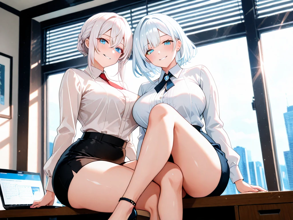 2 girls, Prinz Eugen and Belfast, Azur Lane, large breasts, sitting on an office desk, legs crossed, side-by-side