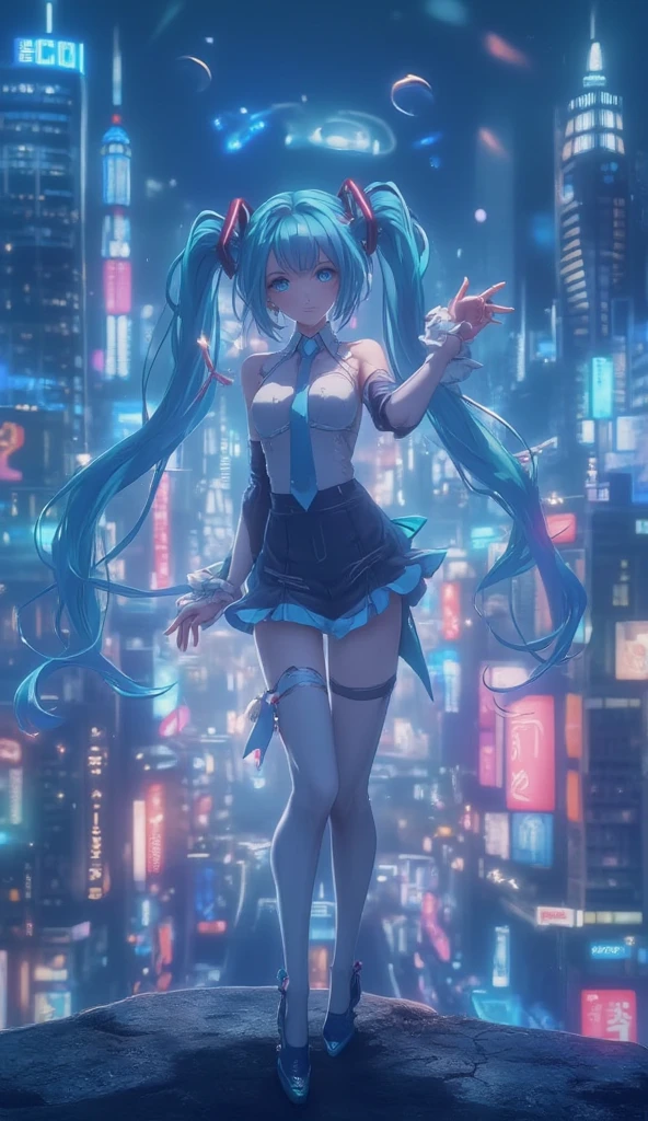 natta, Colorful cyberpunk city background, street girl,Nazuna Shichikasa, With Fukano Yuta, blue color eyes, eye disease, black sock, The light from the back window is backlighted, shine, Survey your audience, Low Angle Lens, looking up lens, Perfectcomposition, Perfect refinement of light and shadow, 8K，Big breasts Hatsune Miku