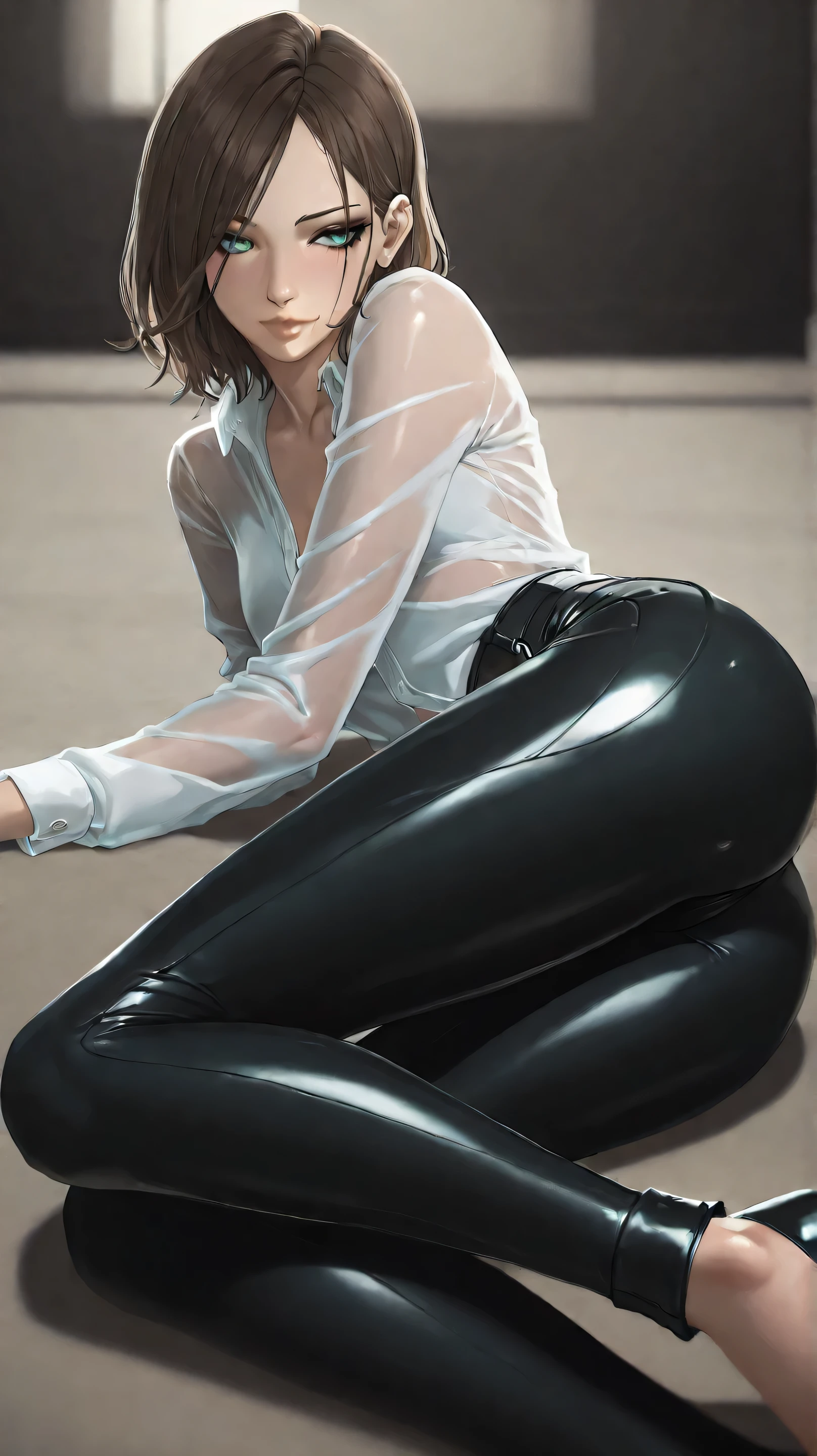 masterpiece, best quality, very aesthetic, movie quality, depth of field, soft saturation, focused subject, ,official style, shiny skin,1girl, TEW2Juli, 1girl, skinny, short brown hair, pastel green eyes, eyeliner, seductive,see through white shirt, tight black leather pants, heels,