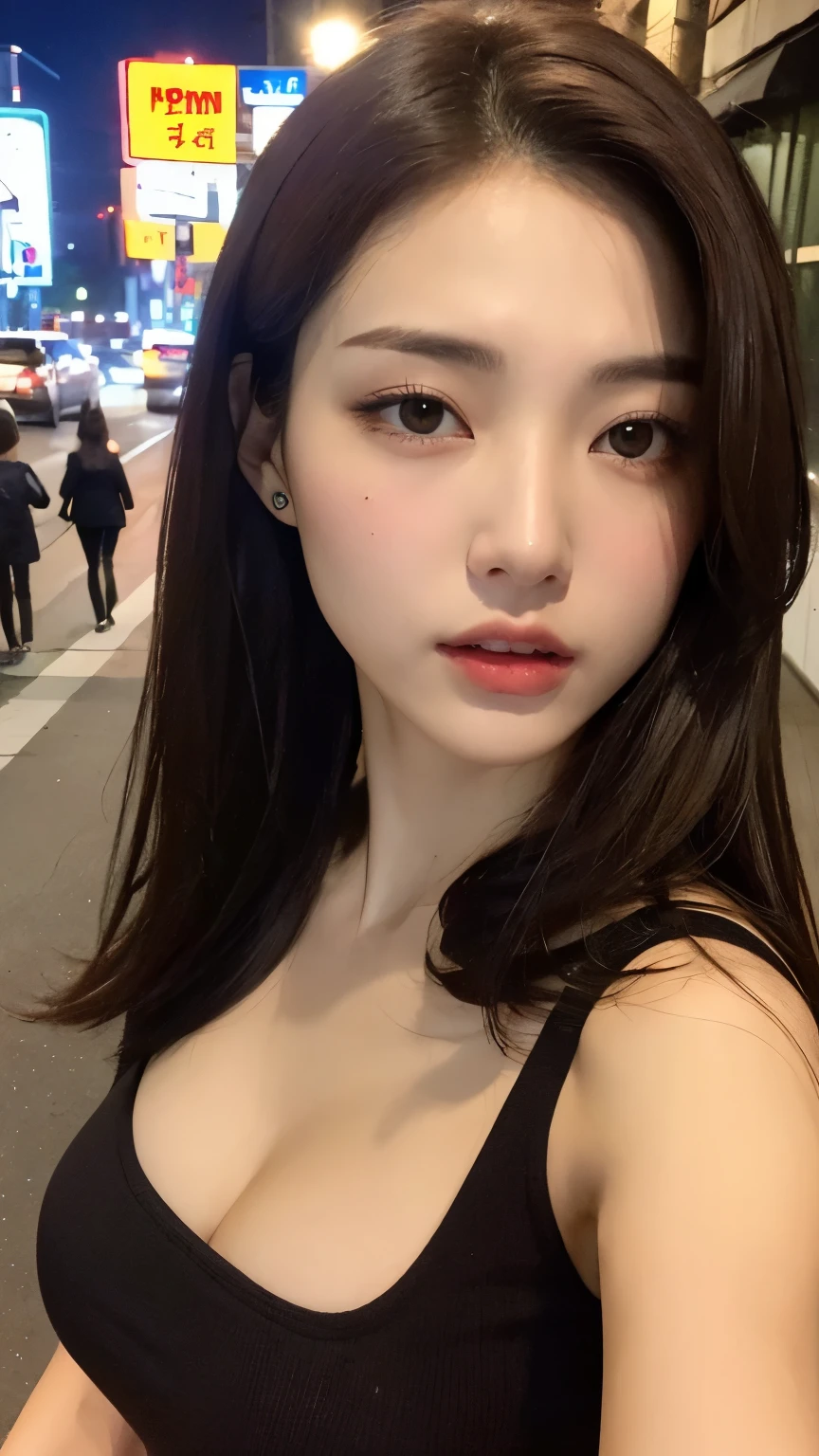 ((best qualtiy, 8K, tmasterpiece:1.3)), Sharp:1.2, perfect figure beautiful woman:1.4, Slim abs:1.2, ((Layered Hair Style, huge tit:1.3,cleavage:1.2)), (A long shirt with transparent wet black buttons:1.1),(Sateen,the street:1.2),Highly detailed facial and skin texture,A detailed eye,二重まぶた,Look sideways at the camera
