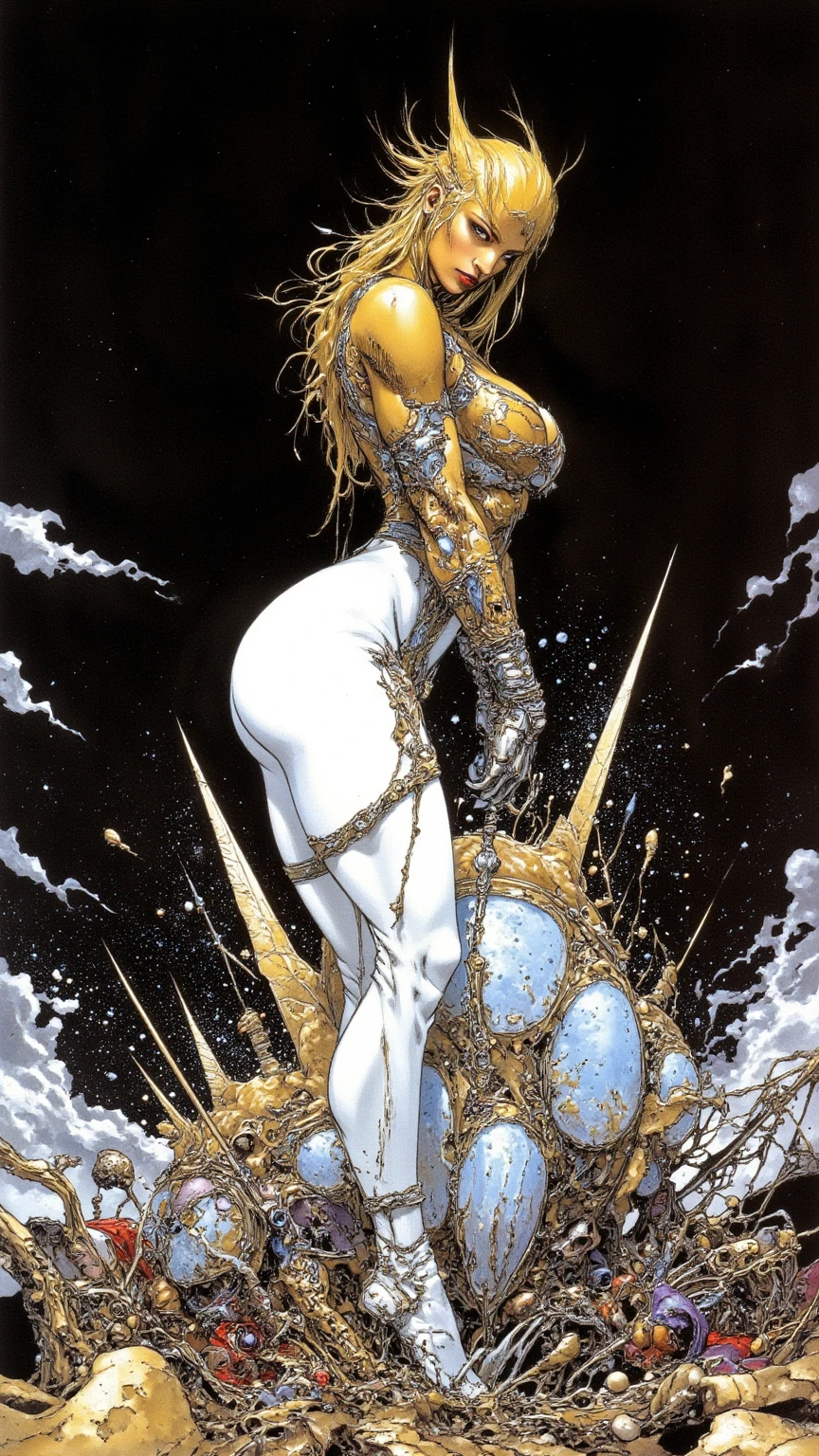 Woman in a golden transparent dress,High heels, (((Huge breasts, Large cleavage))),Slim waist,(Bare waist), Long hair, micro-curly hair, Ultra-detailed details,High-end Zhenyi station, Rainstorm site, detailed fantasy art, Stunning character art, Beautiful and exquisite character art, Beautiful gold and silver armor, Extremely detailed, Girl in shiny armor, Exquisite tiaras and jewelry,Crystal jewelry filigree, Full body capture, milky ways, Stunning visuals, (dynamic streaks, light tracks:1.2), Vibrant colors,