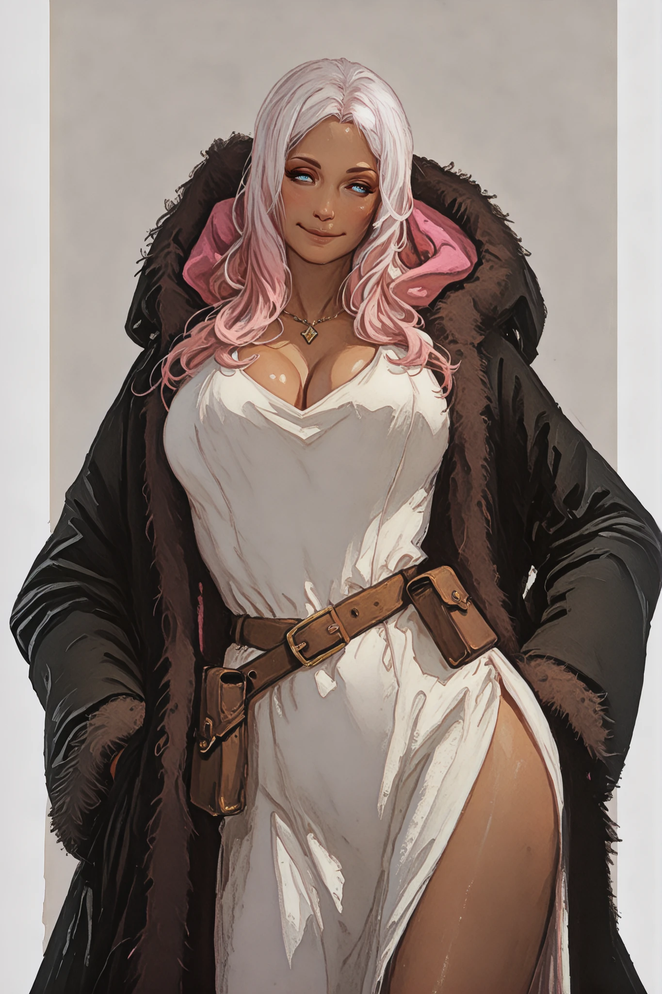 score_9, score_8_up, score_7_up, score_6_up, score_5_up, score_4_up,
BREAK
(masterpiece: 1.0), best quality, perfect anatomy, perfect composition, perfection,
BREAK
cinematic lighting, stopu42
BREAK
1girl. hibana, long hair, blue eyes, pink hair, white hair, dark skin, dark-skinned female, mature female, breasts, long sleeves, dress, cleavage, jewelry, belt, hood, hood down, necklace, white dress, coat, fur trim, pouch, black coat, brown belt, belt pouch, side slit,, Smile, cute pose, voluptuous, simple background, Painterly, hyperdetailed painting, faux painting