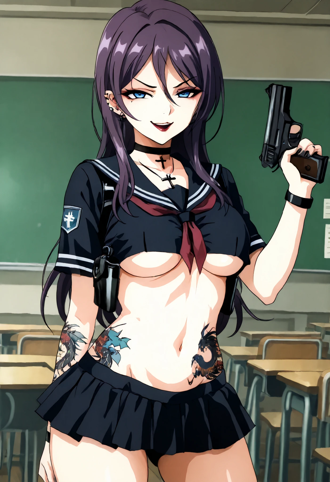 Mature Woman、reika shichijou, long hair, blue eyes, , purple hair, Glowing Skin、choker, , ear piercing, long hair, , lipstick,Hot girl, baddie, sensual, attractive, cross necklace, masterpiece, best quality, highly detailed, a girls in sailor uniforms with a gun posing for a picture, evil smile, smile, open mouth,black_serafuku, (nsfw) not safe for work, ecchi style, high school girls, holding a gun, hold a gun, micro skirt, exposed belly, exposed navel, exposed midriff, holding pistol,underboob, exposed lower belly,school, classroom, , shoulder holster,,,,medium breast ,looking at viewer , dragon tattoo on waist, narrowed eyes, tattoo on waist, anipai_style , anime screencap , anime coloring, v-shape eyebrows, GothicC
makeup, lipstick, mascara, black nails, tattoo