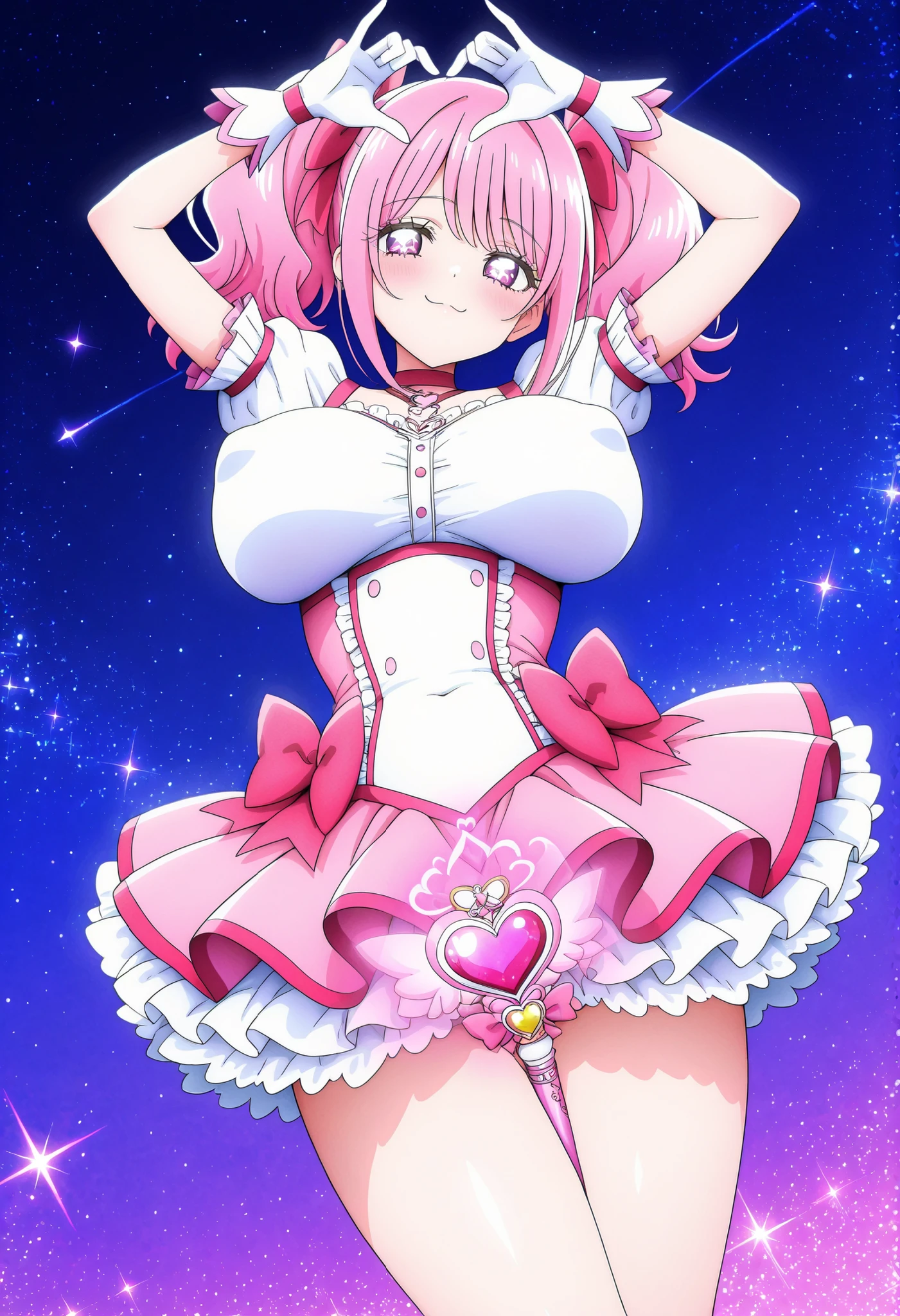 masterpiece, photoreal, high definition, slim waist, long legs, wet skin, huge ass, huge breasts, masterpiece, best quality, absurdres, perfect anatomy, 1girl, solo, Sailor chibi moon, (1990s \(style\), pink hair, long twintails, smile, maid outfit, white thigh highs, legs spread, on bed, covered in cum, wet skin, cum drip, bukkake, breast milk, cum on face, cum on tits, open mouth