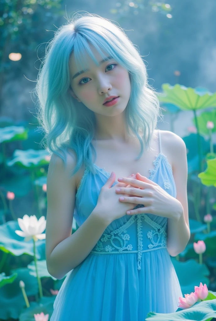 (Overlooking),,Super meticulous,illustratio,Looking directly at,1girll,(fanciful:1.4),(Blue eyes:1.233),Her eyes shone like dreamy stars,(glowing light eyes:1.233) ,(美丽细致的眼睛:1.1),(silber hair:1.14),(messy hair,Very long hair,french braid,Hair between both eyes,Lateral hair),(+(Gray hair flower:1.14)),(Chiffon dress,Uniform white flower pattern)/=(army suit:1.24),(Wide sleeves),(Fingerless gloves),choker necklace,(miko thighhighs),high heels boots,(Frightened expressions),(standing on your feet), (big trees,In the forest,Shadows interlace, All kinds of beasts, ),(Above the branches),(flowingwater),(Dark Blue World Tree:1.14),(废墟),(natta:1.2 ),Dreamy,(Fluorescence),(Flying translucent butterfly:1.15),Delicate fingers and hands,(Finger details),3D,full bodyesbian,the detail,Background bokeh,high qulity,high detal,deep v big breasts,huge-breasted,flat lay,Expose cleavage,Large trees interlace,full bodyesbian,Lie on the grass,Detail hands,Standard body proportions,Proportional coordination,Hot details,high qulity,Forest River,extreme light,realcumAI,realskin,realisticlying,Fallen leaves anywhere,Trees crisscross the landscape,