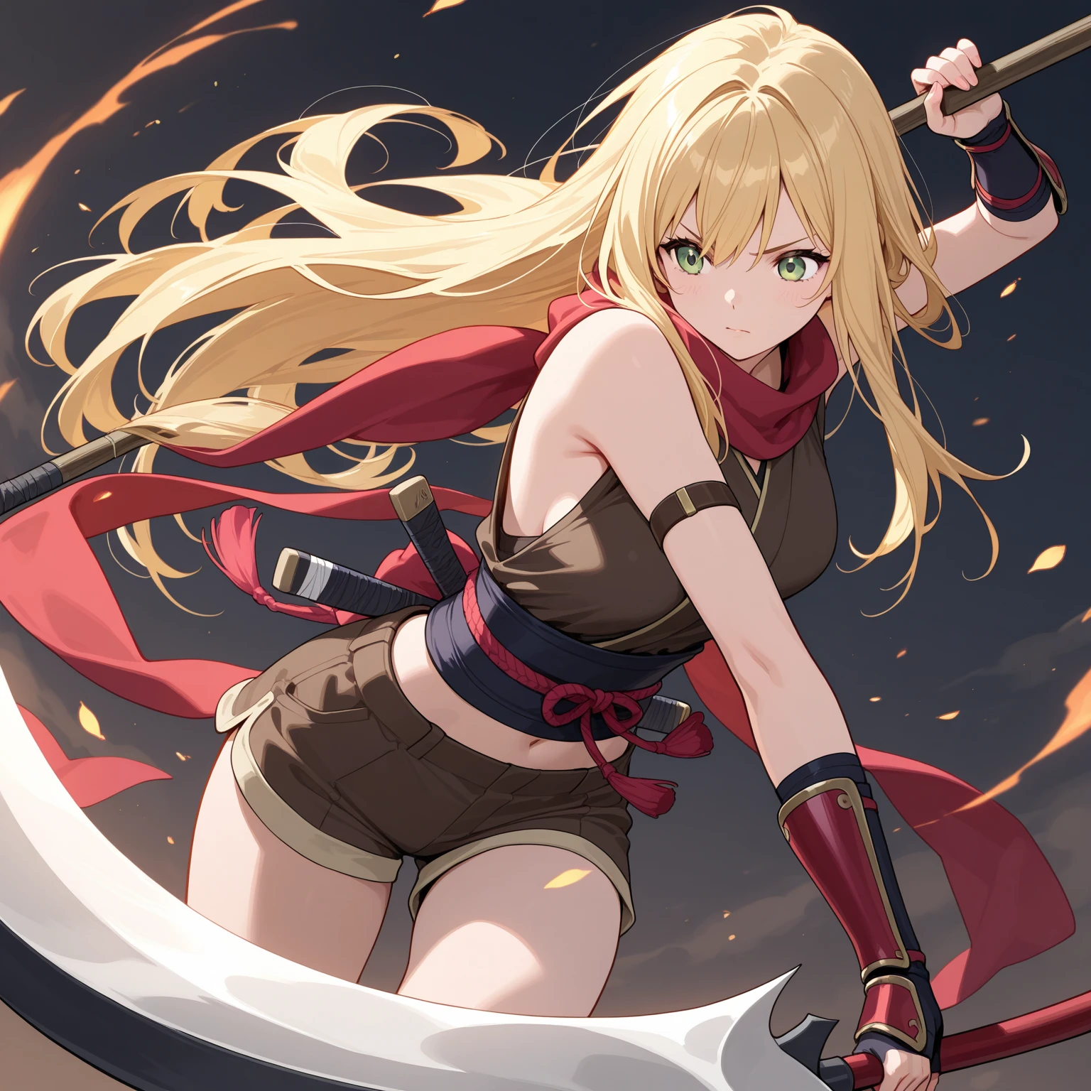 (((8k,Best Quality)), Masterpiece, outdoor, girl, holding sword, dynamic pose, gauntlet, trail effect, feet out of frame, looking at viewer, bikini,