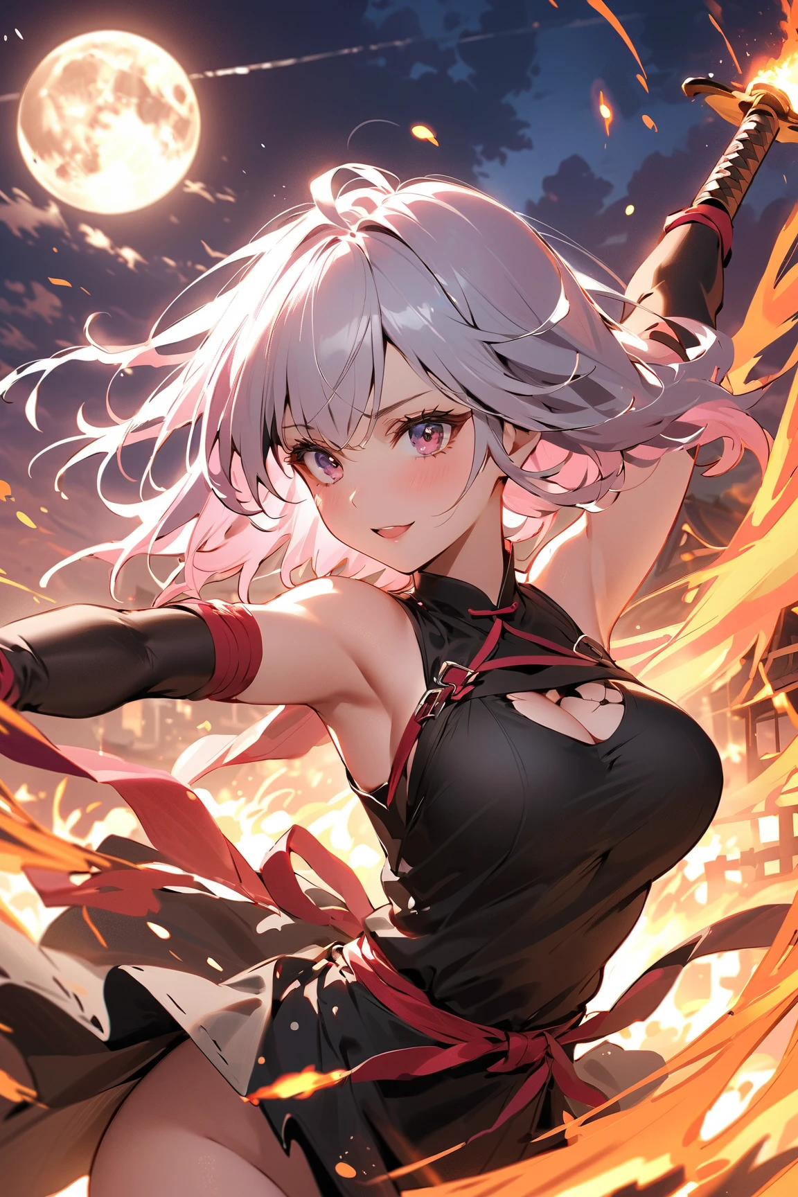 (top-quality、hight resolution、8k、masterpiece:1.2)。Curvaceous but slender、Muchimuchi Body、Grinning Female Wizard、Vandalizing buildings in a battered ancient city。Featuring double teeth, she wields magical powers.。With magic emitted from the right hand、Buildings and roads、Bolides、Next Bridge々and have collapsed、Scattered with burning debris。Rubble and pebbles float up、A yellow aura covers her entire body。Although its power is overwhelming、At the same time it is in harmony with beauty。Draw the moment she is destroying the building with magic。Half-taken off hoodie、accessorized、mole、Eyebrows、poneyTail、Muscular nose、Clear detailed green eyes、Red-haired、red blush、short-haired、a choker、Fleshy lips、Physical beauty、well-muscled、Raise bangs in a headband、Oforehead、Mysterious fashion、Street Fashion、Anime style、animesque、The scene of the great fire、Oversized trousers、unreal、Depiction in motion、White the、Fashion in white tones、Vandalism、insurrection、karo、Decaying buildings、the fire、Fire incident、tornado、Hair covers one eye、Must-win poses、Backgrounds with depth、Wear a Japan sword on your back、Wear a Japan sword at the side waist、Flame Magic、Wizard Equipment、Light equipment、a necklace、Bracelets、Misanga、arm band、Tattoo on the shoulder、espadrilles、thunder、Roaring thunder、lightning bolt、tornado、colorful backdrop、Thunder in the hand、Light and Wall Co-star、Feathers that perform magic attacks behind