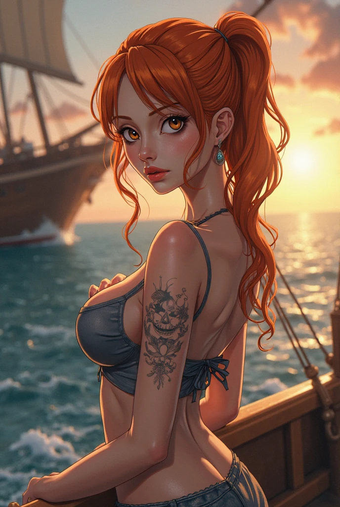 masterpiece、(Photorealsitic:1.5)、top-quality、beautiful lighting、Pirate Ship、Nami \(Onepiece\),28 year old、Model style、small-medium sized breasts、1womanl,Sea,On board a pirate ship、Blue and green color swimsuit, jeans、Gravure Pose, sexypose、Attractive composition、length hair, look at viewr, A slight smil, orange color hair, Tattoos on the shoulders, 独奏, Convoluted, high detailing, foco nítido, Dramatic, Beautuful Women , (Raw photography, 8K UHD, film grains), Caustics, Sub-surface scattering, Reflectors, ahegao, eye rolling up, (rolling eyes:1.1), bare breasts