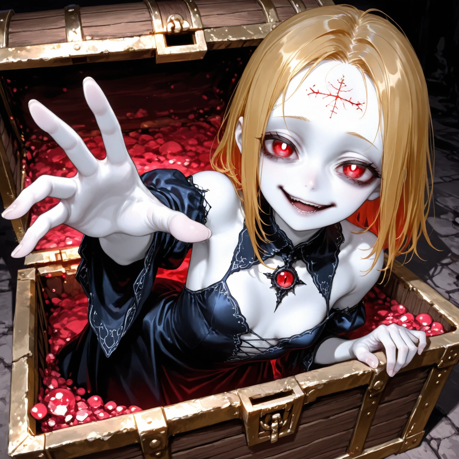 masterpiece, best quality, DanielaV4, 1girl, 3d render, solo, breasts, brown hair, smile, teeth, yellow eyes, looking at viewer, dress, black dress, large breasts, gloves, cleavage, jewelry, hood, necklace, blood, makeup, face closeup, ultra detailed face