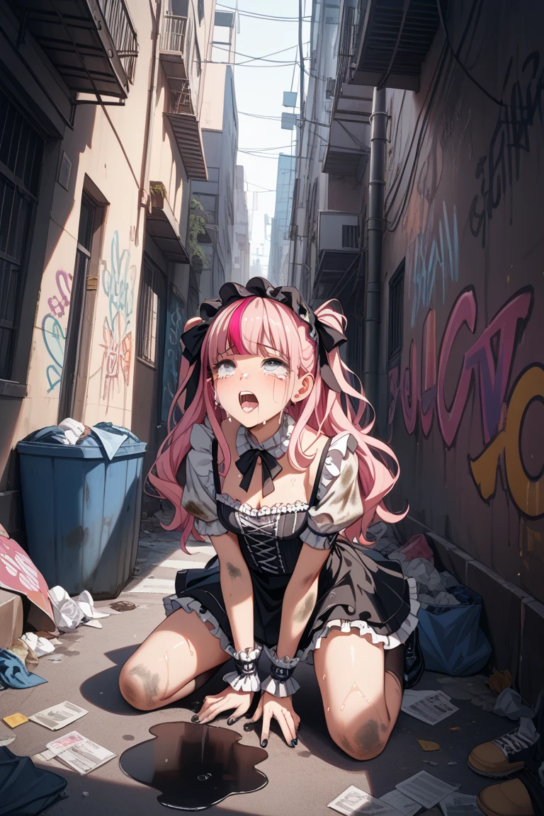 Young girl with pink hair, long twin-tail hairstyle, small bushy eyebrows, dressed in gothic lolita clothing, lolicon (Zankuro) drawing style by zankuro artist, Zancrow style, image uploaded to R34, walking in the mall, smile flirtatious, suddenly having sex in public, ((doggy style sex)), ((sex in alley full of homeless people)) naked ass in male crotch, old man riding her with a desperate face and grabbing her hips, (( half-closed eyes , red cheeks and clenched teeth, drooling )) hands on the belly