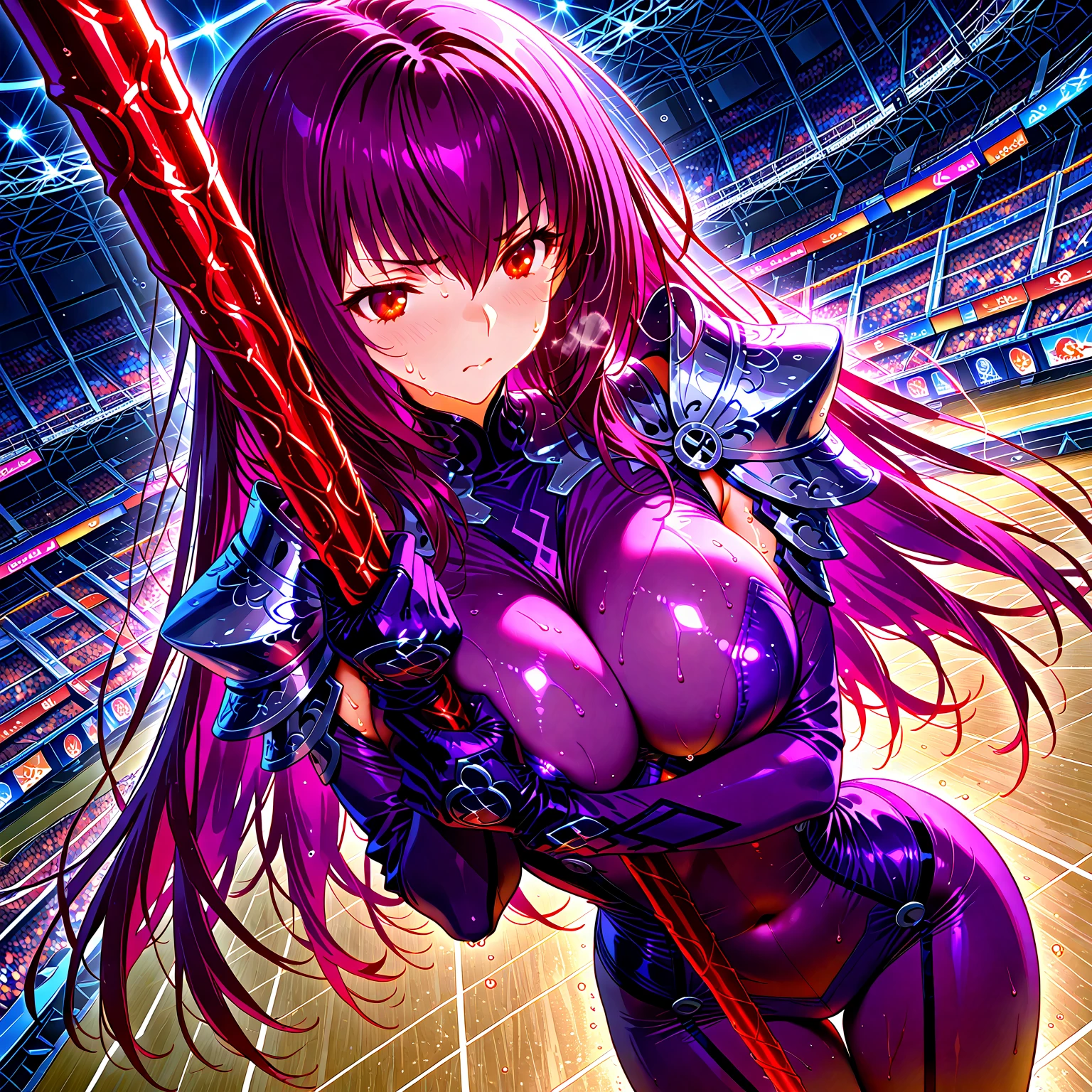 Nude Women,Anime illustration style,Reminiscent of Ghost in the Shell,Image from the feet,Beautiful image quality,Digital artwork,Beautiful beauty,Large Breasts,Big Breasts,Pointed nipples,Digital Cyberpunk,Having p90,The genitals are visible,Have pubic hair,Wearing Broken Armor,Pink nipples,Raised genitals,
