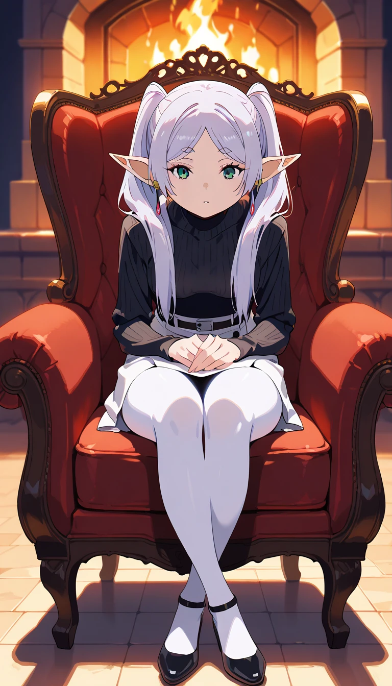 One girl with curly hair, white hair, looking at viewer, embarrassed, blushing, tears, indoor , oversized naked t shirts, pointy ears, perfect waist, bed, night atmosphere, hair ornament, sitting on queen chair, sitting on her throne, pantyhose