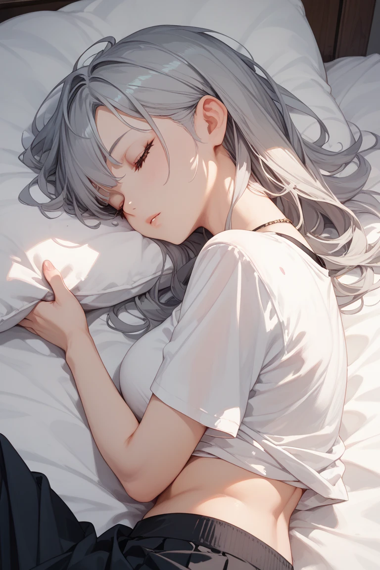 sick adult lady lying in bed sleeping