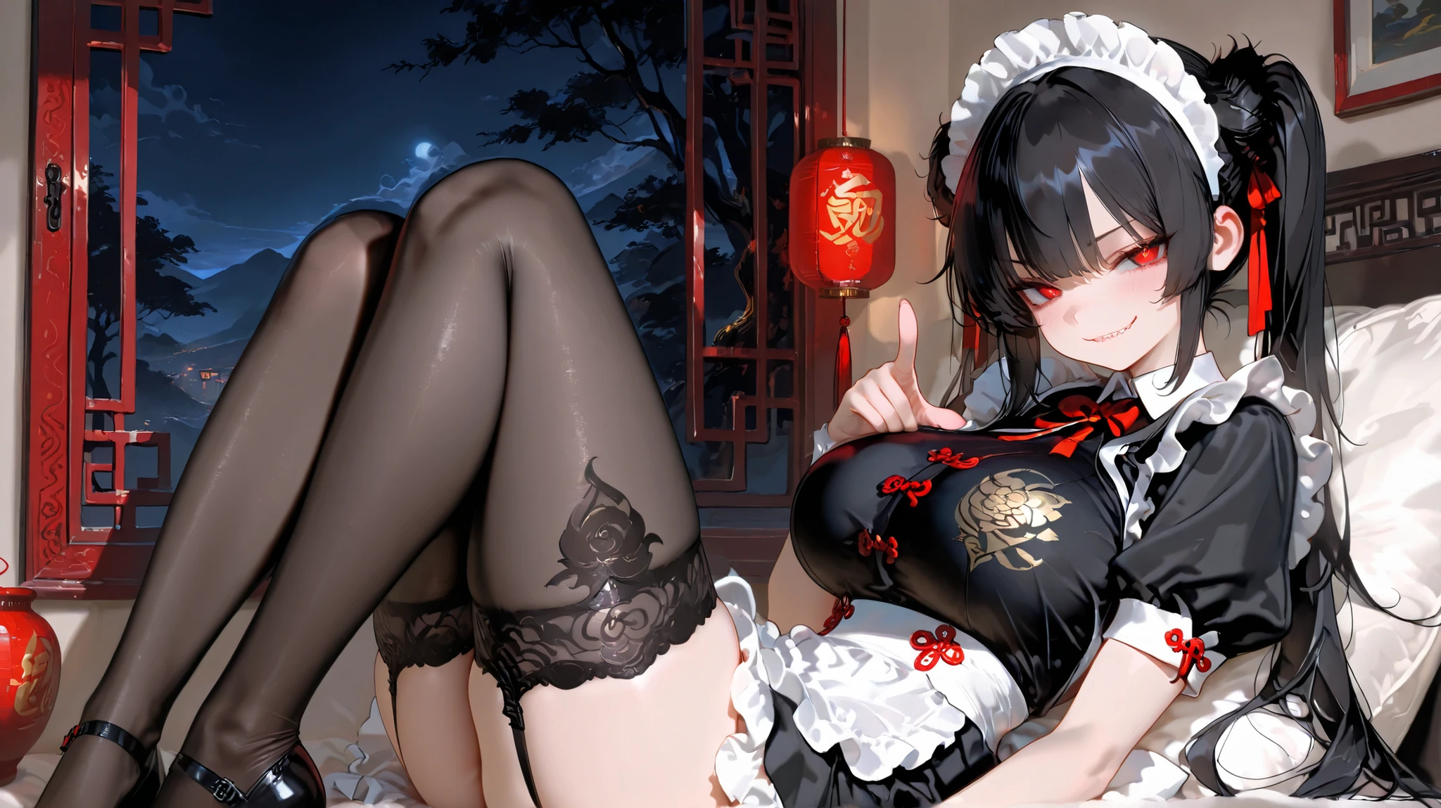 A young girl wears a blue and white silk cheongsam, loli face, double ponytail hairstyle, white over-the-knee stockings, and a pair of satin elbow gloves, the gloves must completely wrap the fingers, and the gloves need to be specially drawn. The girl had no shoes, and the whole person was half lying on the bed