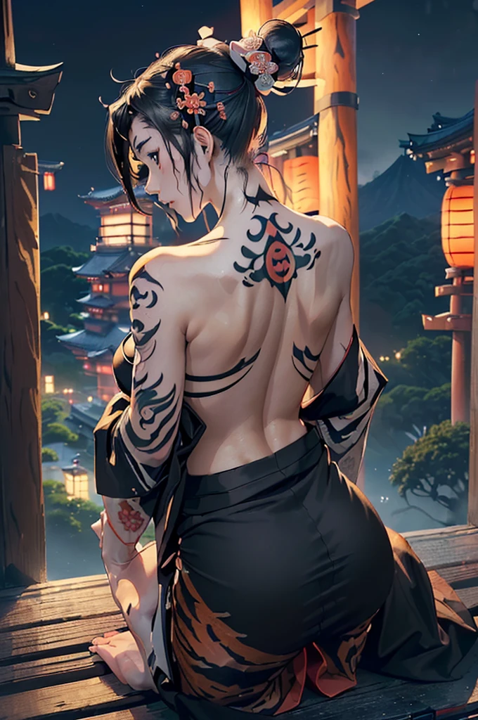 ((Seductive Ninja Woman:1.6))、(Long black hair、Purple Eyes)、((tight black and red ninja outfit、Exposed shoulders and back、Ninja Tool Pouch、Hourglass figure))、Confident expression、((The gesture of tying hair:1.3、Arch your back and look back))、Moonlit night view of Konohagakure Village、Realistic anime style, ((Greenglowing tattoo on the back:1.8)), (Glowing steam:1.8)