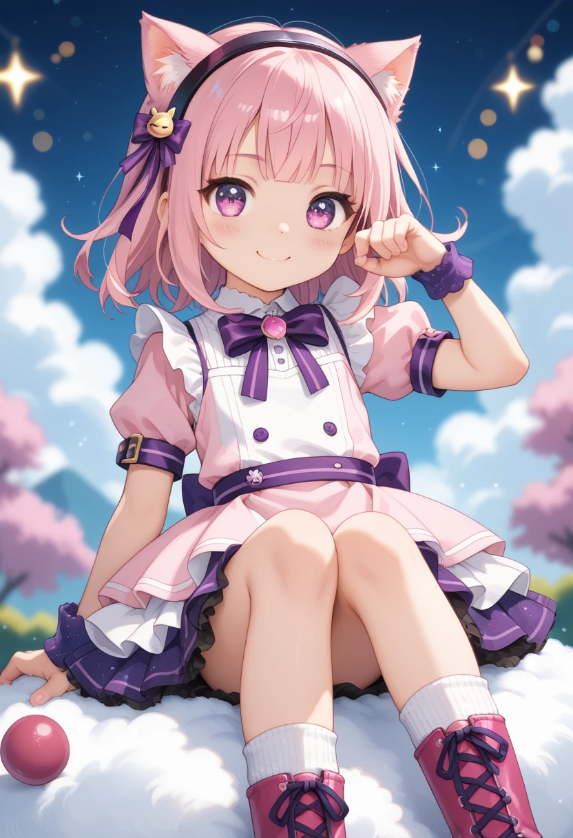 From below、Slim and long, Very delicate and beautiful girl, Young girl, Bright purple short hair, Ahoge、Long Curly Hair, ribbon、Gradient Hair、inner hair color, Beautiful details, Medium Chest, Pastel colored clothes,Beautiful blue sky、whole body、Thick thighs