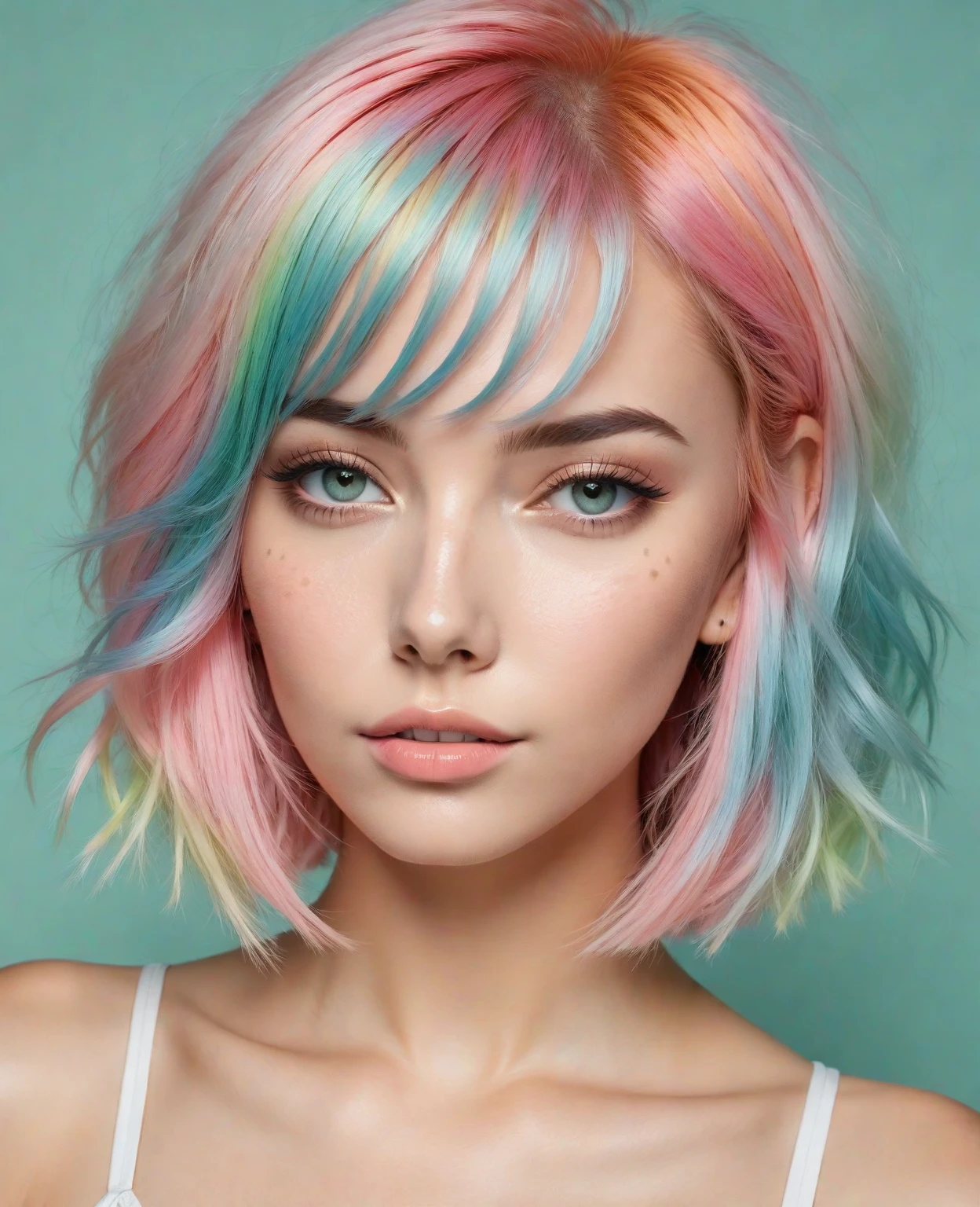 Four 22 year old girl punk BDSM models, dyed hair.  Facing viewer, pastel theme, soothing tones, muted colours, high contrast, (natural skin texture, hyperrealism, soft light, sharp) glamour magazine