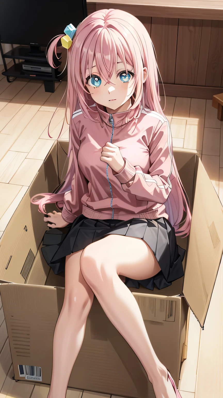 {{{masterpiece}}}, (best quality:1.5), (ultra-detailed:1.5), {illustration}, {{an extremely delicate and beautiful}}, (beautiful detailed eyes:1.6), absurdres, highres, extremely detailed face, 16k, hd, visual anime de uma jovem mulher, extremamente bonito rosto de anime, anime melhor garota, (perfect hands, perfect anatomy), anime face, hitori gotou(bocchi the rock), 1girl, solo, cute face, pink hair, long hair, (one side up:1.5), cube hair ornament, hair between eyes, hair ornament, sidelocks, big eyes, black pupils, blue eyes, medium breasts, big hips, curvaceous, BREAK, (pink jacket:1.5), close jacket,  jacket tuck out, long sleeves, track jacket, track suit, black skirt, pleated skirt, thighs, BREAK, (There's a girl in the box:1.5), (insidebox, in box, in container, cardboard box:1.5), gift, brown box, Sit, indoor, living room, Modern living room, analog tv, flooring