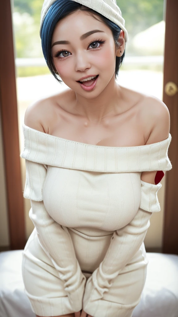 ((top-quality、Top image quality、The ultra -The high-definition、Draw in ultra-high definition、独奏、Look firmly at the camera))、女の子1人、realisitic、depth of fields、natural soft light、during daytime、魅惑的、beauitful face、Cleanliness、Pure face、de pele branca、kawaii、short-hair、the beach、rays of sunshine、nedium breasts、full body Esbian、((Dark blue sweater、Golden Ratio Beauty Face))、long neck、Put your ears out、Clean short bob hair with bangs、Close your mouth and smile very much、Perfect fingers、perfect hand、Perfect body、face perfect、Shine a light into the eyes、Perfect Anatomy、tall supermodel、Long-legged supermodel、Supermodel with a long neck、broad shoulders、Arms should be lowered to the sides、to stand、Cowboy Shot、Bright windowsill background、Smile at your audience、A smile、Laugh、So big today、Beautiful teeth、Beautiful teeth alignment、Chest wide open、beautiful decollete、Very beautiful sexy woman with a lot of exposure、Keep an eye on your audience