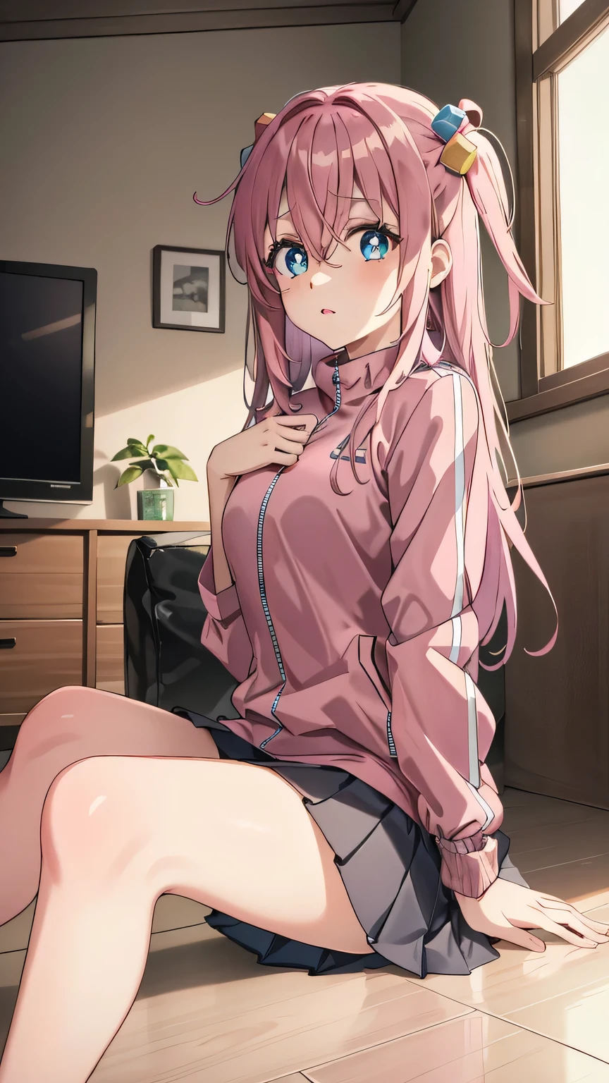 {{{masterpiece}}}, (best quality:1.5), (ultra-detailed:1.5), {illustration}, {{an extremely delicate and beautiful}}, (beautiful detailed eyes:1.6), absurdres, highres, extremely detailed face, 16k, hd, visual anime de uma jovem mulher, extremamente bonito rosto de anime, anime melhor garota, (perfect hands, perfect anatomy), anime face, hitori gotou(bocchi the rock), 1girl, solo, cute face, pink hair, long hair, (one side up:1.5), cube hair ornament, hair between eyes, hair ornament, sidelocks, big eyes, black pupils, blue eyes, medium breasts, big hips, curvaceous, BREAK, (pink jacket:1.5), close jacket, jacket tuck out, long sleeves, track jacket, track suit, black skirt, pleated skirt, thighs, BREAK, aboxofkawaii, gift, brown box, Sit, indoor, living room, Modern living room, analog tv, flooring