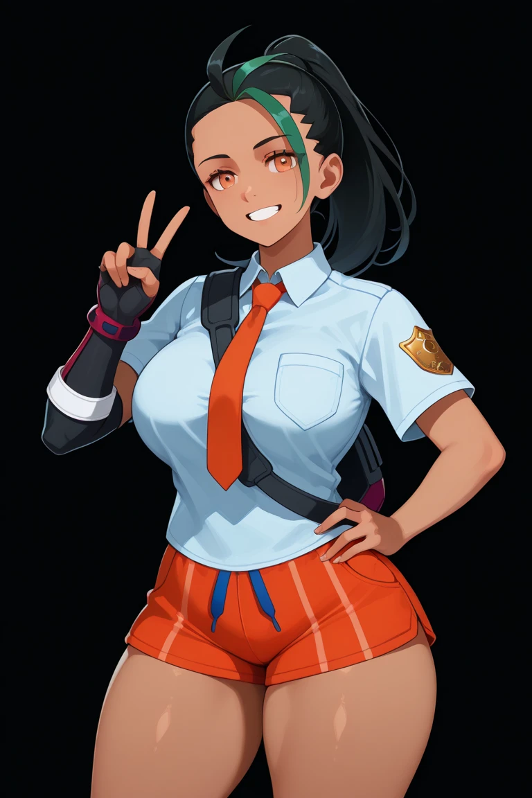score_9, score_8_up, score_8, 1girl, nemona, pokemon, dark skinned female, orange necktie, white shirt,exposed midriff, cleavage, orange microskirt, too small clothes, pussy, nipples, one glove,, upper body ,score_7_up,score_6_up,masterpiece, ,cartoon,skimpy outfit, navel, blushing