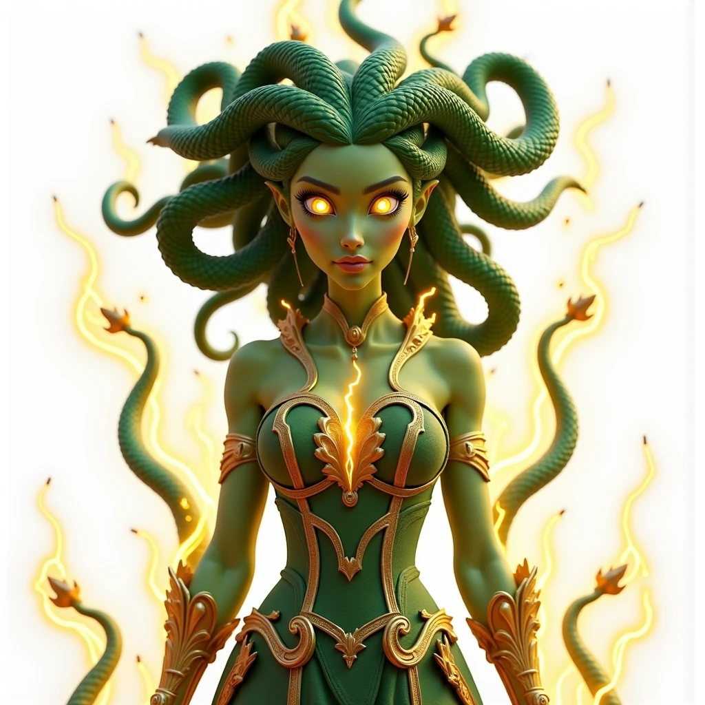 ((medusa)), ((O cabelo cacheado, dourados vestido grego curto)), (olhos verdes da cobra), face feminina, Rosto alto e detalhado, olhos altamente detalhados,16k, Foto RAW, melhor qualidade, master part, Foto colorida RAW de alto detalhe, dramatic lighting, Cinematic lighting, nsfw mouth open eyes close