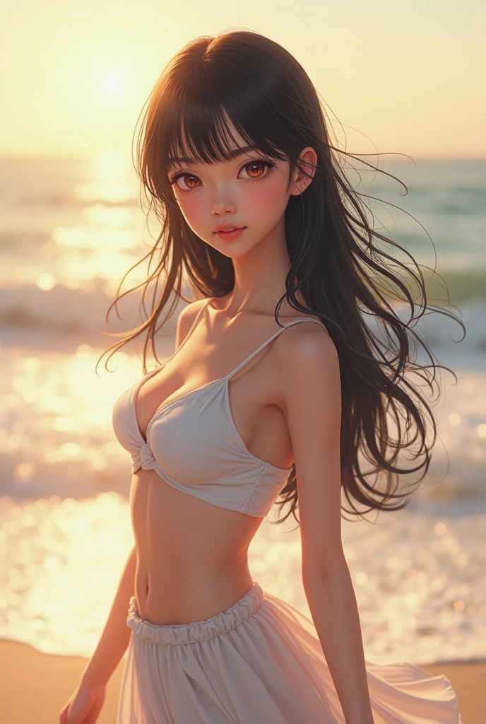 Beautiful girl standing at the beach、Black Hair、Hair length is waist height、The sunset is on the left, looking at me and smiling.、She is wearing a black bikini with a white see-through camisole on top.、Her face is a little young, but she has a mature look.、Height is 155cm、Weight: about 50 kg、Ideal body line