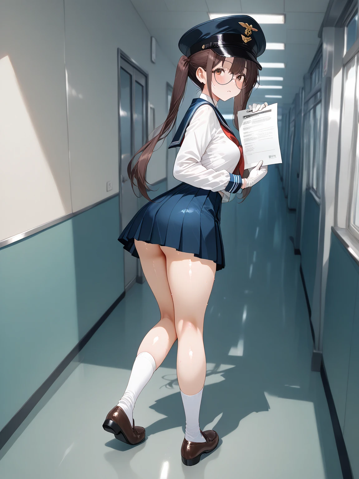 (((((Dildo on the floor:1.5, standing, spread legs:1.5, Point your knees outwards:1.5 ) behind head, Push your hips forward,pussy juice , Voluptuous body, Slut、No pants, (Dildo on the floor, standing, spread,arms behind head, Point your knees outwards:1.5, Sweat, Angle from below)))), Realistic composition, Doujinshi scene,, Big Thighs, Pleated skirt, White Shirt, Angry face, blush, from below