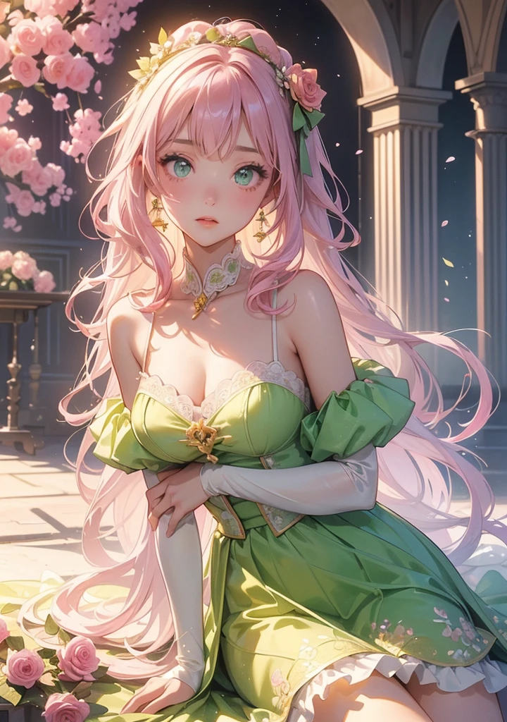 absurdres, highres, ultra detailed, HDR, masterpiece, extremely detailed face and eyes, beautiful eyes, amazing detailed eyes, extremely detailed features, Kanroji Mitsuri, expressive green eyes, pink hair, Kimetsu No Yaiba, solo, girl, beautiful, fantasy world, pink roses, pink curtains, shining pink lanterns, chandelier, sky, pink moon