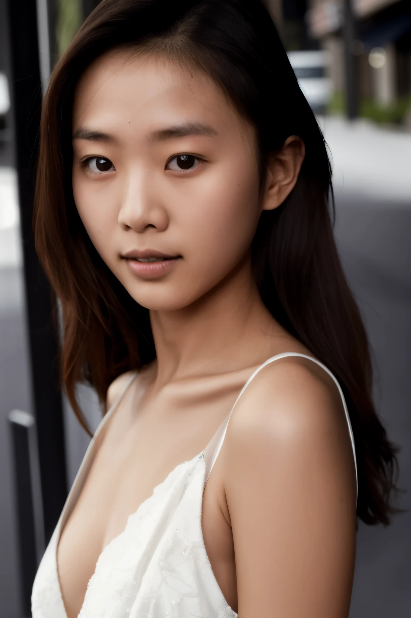 r/Nude_Selfie, front,a photo of an 18-year-old Asian woman named asianbabe, (best aesthetic:1.2) and (best quality:1.2) and (photorealistic:1.4) and (realistic:1.4) and detailed skin textures and detailed skin pores and high skin detail, looking at viewer and facing viewer,(cleavage,sexy dress,downblouse,medium breasts),(upper body),Outdoors, city background, keylight reflection on eyes,detailed iris,detailed pupil, 