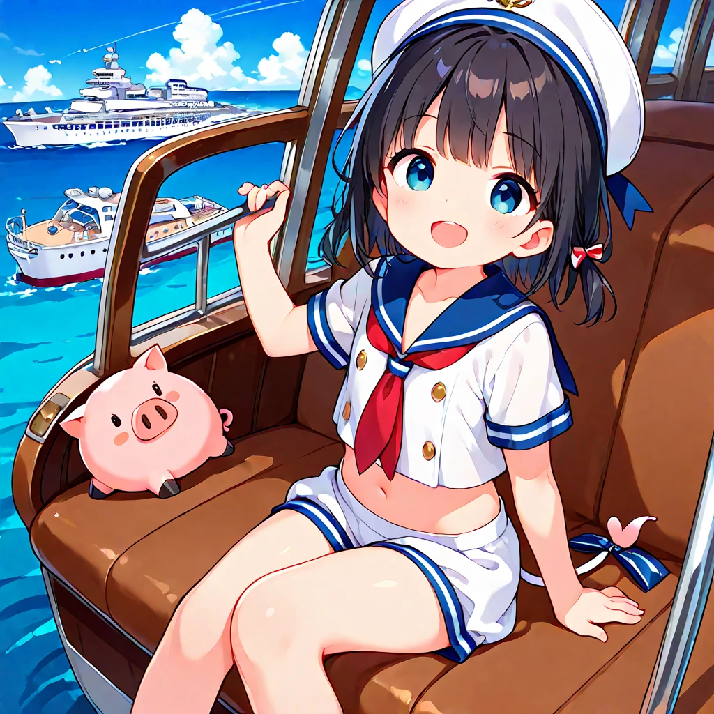 Blue sky and white clouds, swell sea, Little girl rides a white whale, happy.