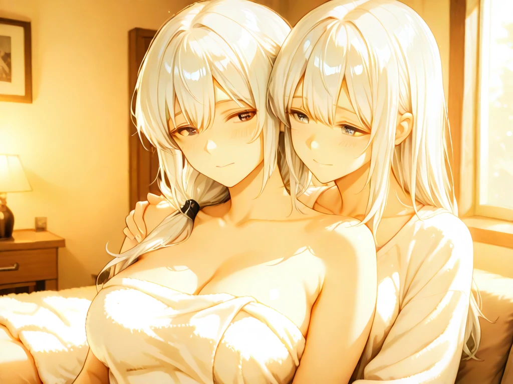 (nsfw),2girls,lineup,duo,eyelashes,breasts Apart,(heart print),(nipples),sidelong locks,upper body,pov,face,eyes visible through hair,hair over one eye,yellow eyes,light White hair,huge,(light brown hair),breasts,skin,pussy,(silver hair:1.3),(Golden hair,medium breasts,Impossible swimsuit,tight skin,shiny skin,masterpiece, best quality, very aesthetic, absurdres,front view,looking at viewer,(dark skin)