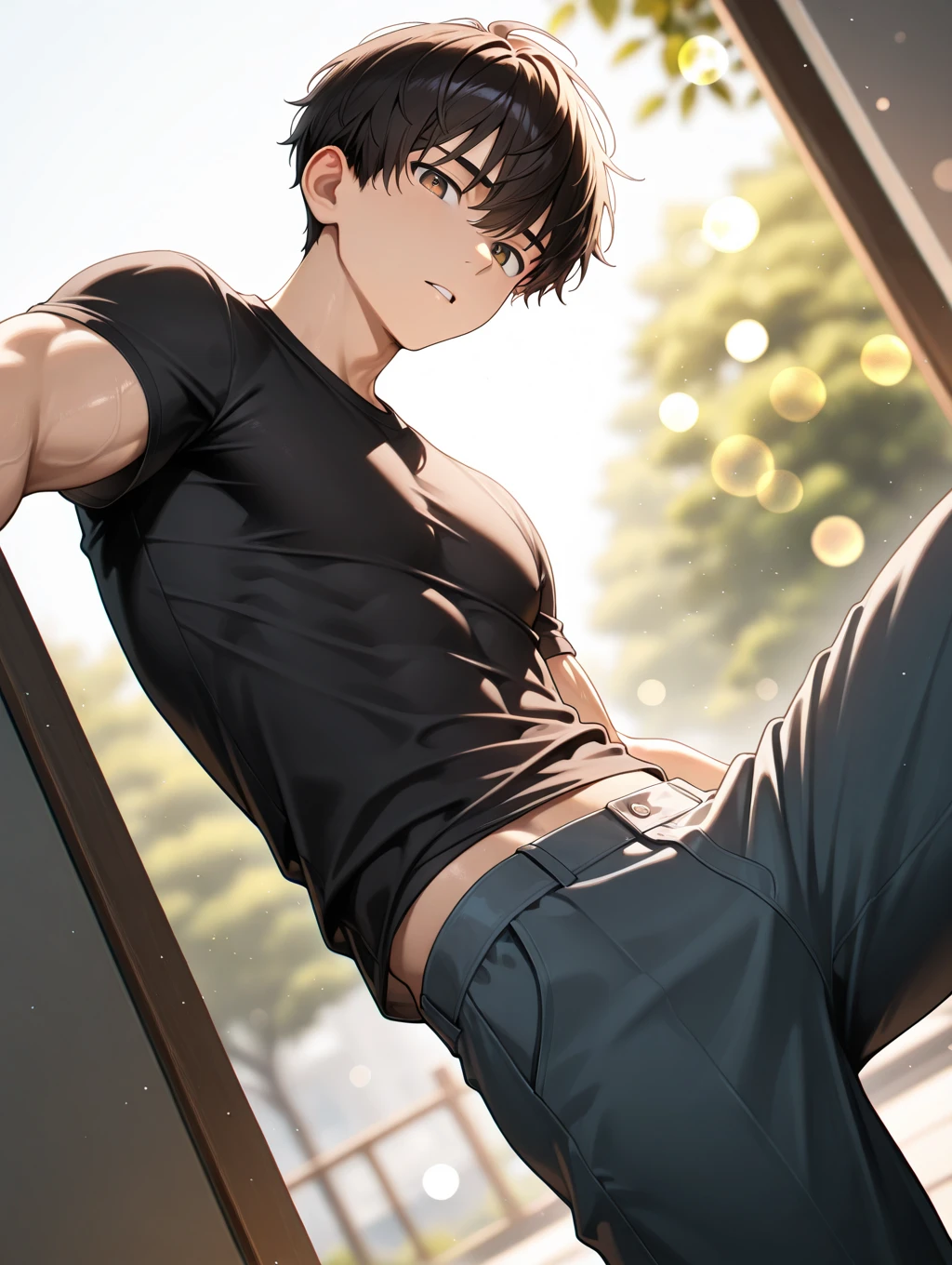 young male, 18 years old, tanned skin, light brown hair, green eyes, black tank top, white underwear. in the park