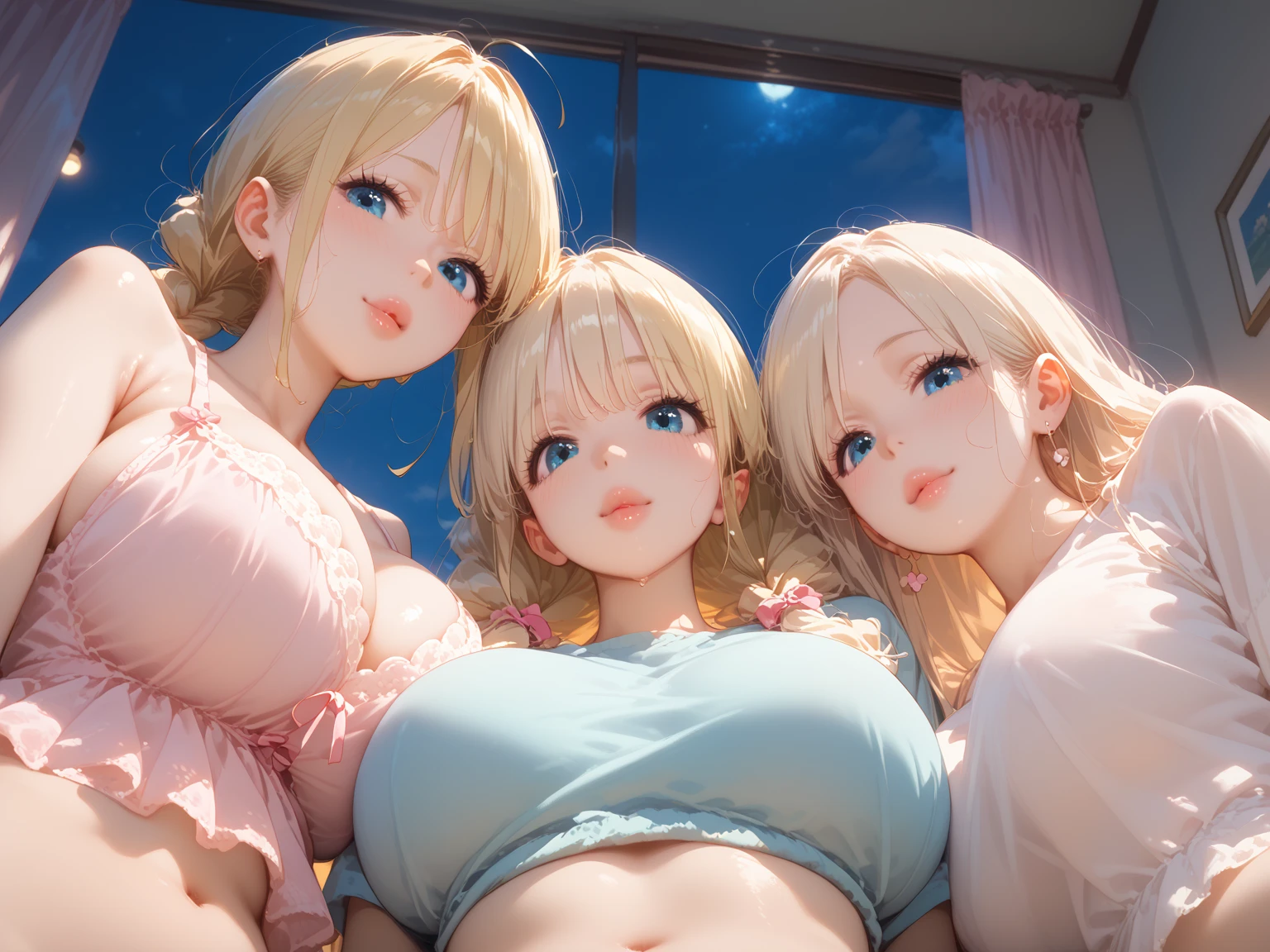 Two 18-year-old white slutty teen blonde sisters, slender, (big huge gigantic ????: 1.4), white skin, blue eyes, aviator sunglasses, (((????)))(((?????? pants))), ((????????: 1.2)), wet hair, greasy body, hugging pressed against each other's ???????, ((kneeling in tent)), selfie, looking at camera, smiling, having fun, happy